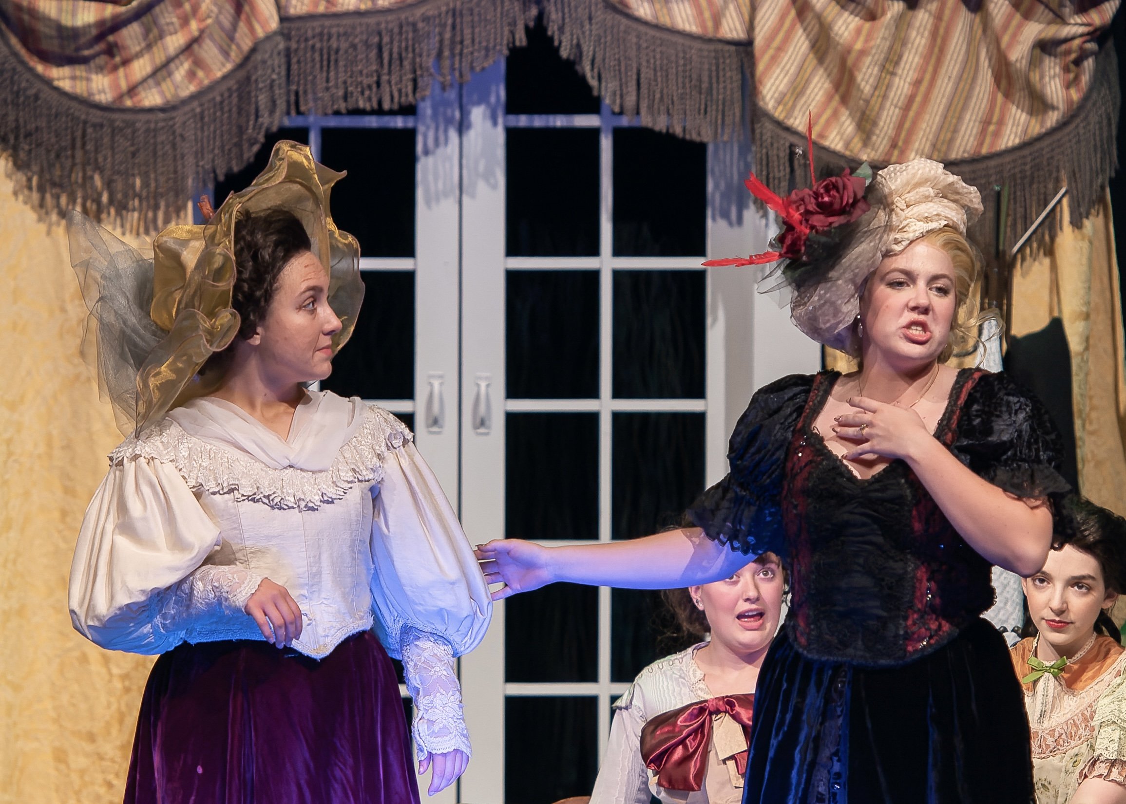 Chemical Imbalance - Prince of Peace Christian School 2022 - Head Costumer and Hat Designer - Pictured: Emmie Adams as Euphronia and Molly Sozinski as Lady Throckmortonshire