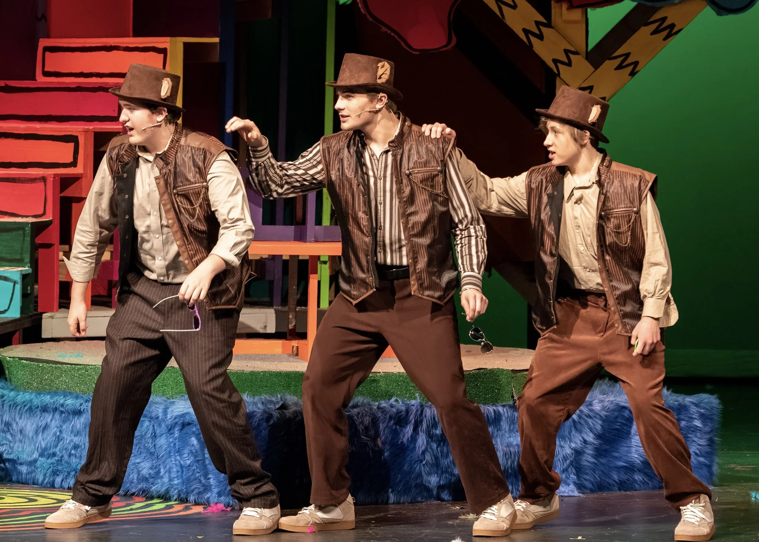 Seussical - Prince of Peace Christian School - 2022 - Co-Costumer - Schmidt and Jones Best Costume Design Nominee - Pictured: Lewis DuPree, Will Cashon, and Garret Adams as The Wickersham Brothers