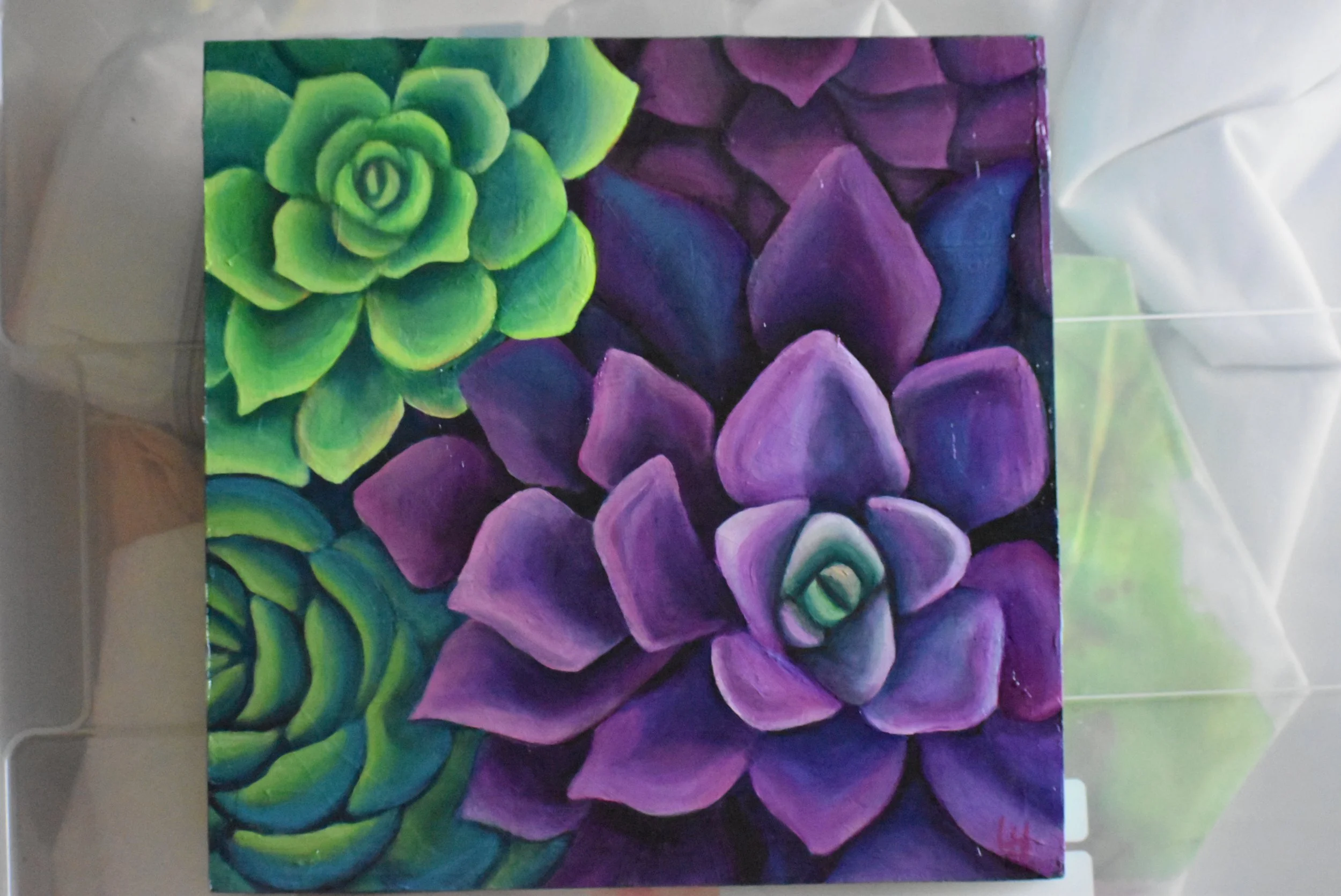 Purple Succulent 10x10 on wood