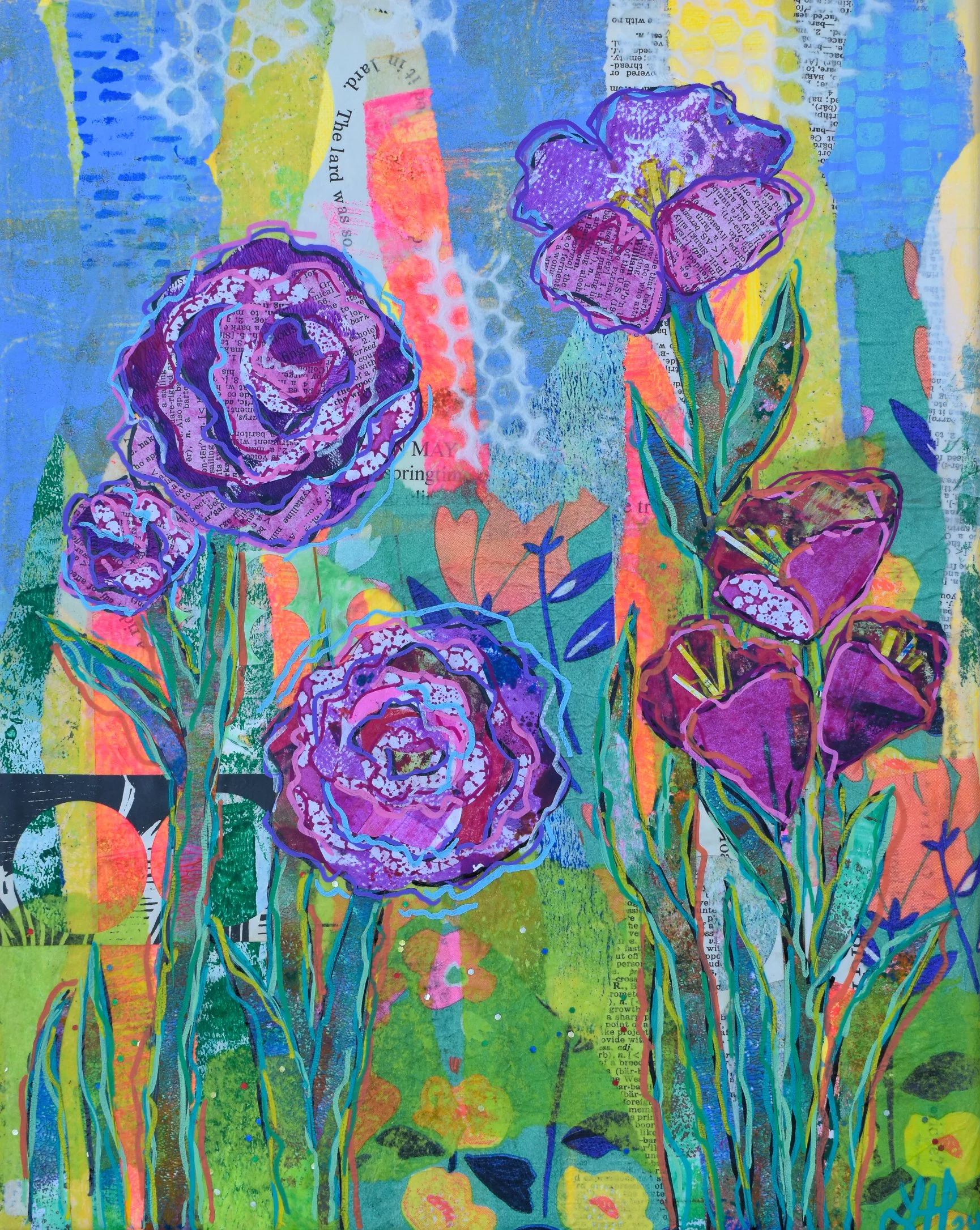 Purple Flowers Painted Collage 11x14