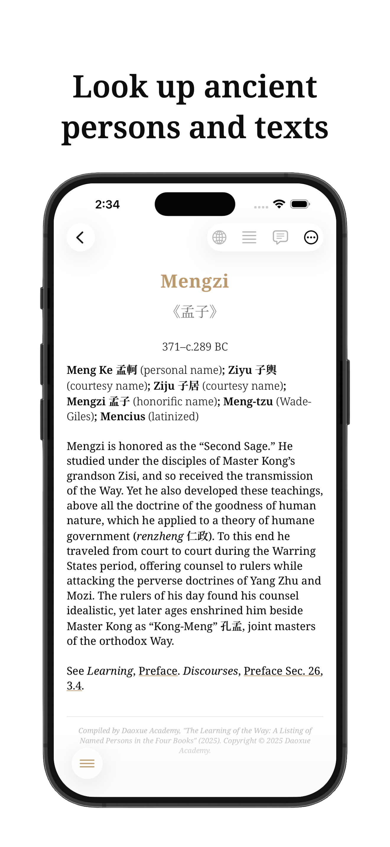 Four Books App - Look up ancient persons and texts