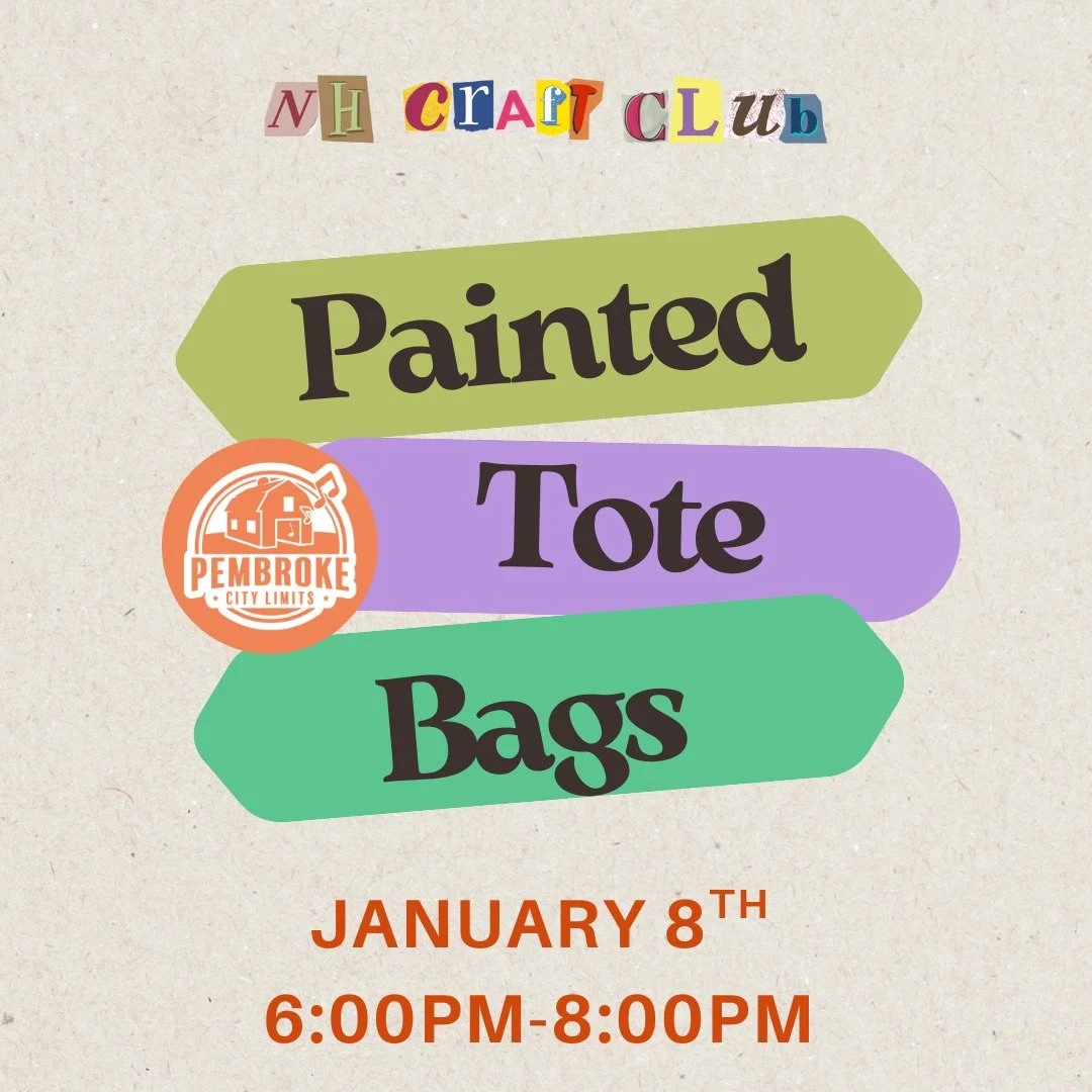 NH Craft Club is teaming up with @pembrokecitylimits for painted tote bags in January! Join s to make your new favorite accessory &amp; enjoy some yummy vegan snacks at one of Pembroke's coziest spots. 

#NHCraftClub #ArtsandCrafts #NewHampshire