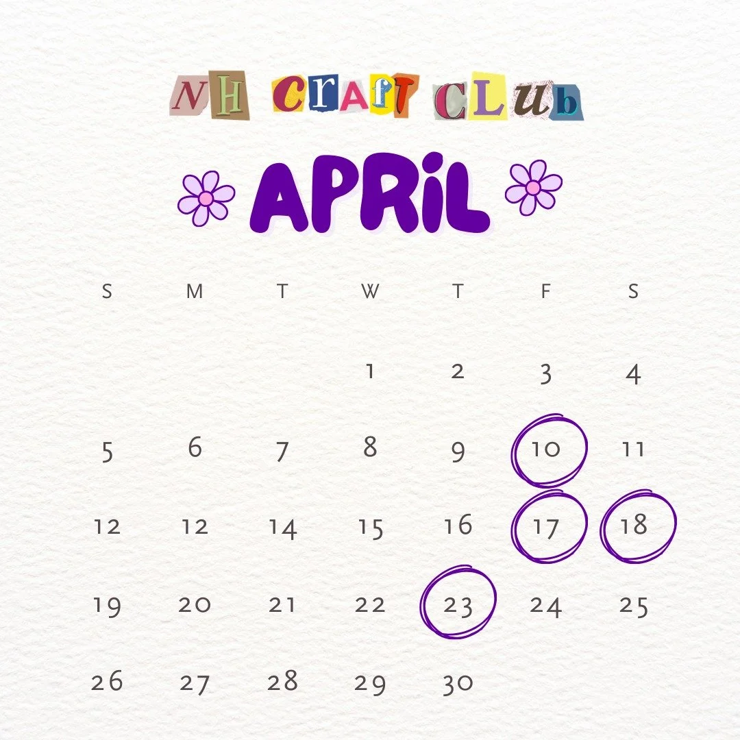 Our April Calendar is LIVE 

4/10 - Beaded Suncatchers (a nod to the craft that started it all last May) 

4/17 - Beaded Plants in Londonderry 

4/18 - Tin Embossing 

4/23 BYOC Movie Night 

We are also working on our expansion to the Upper Valley, 