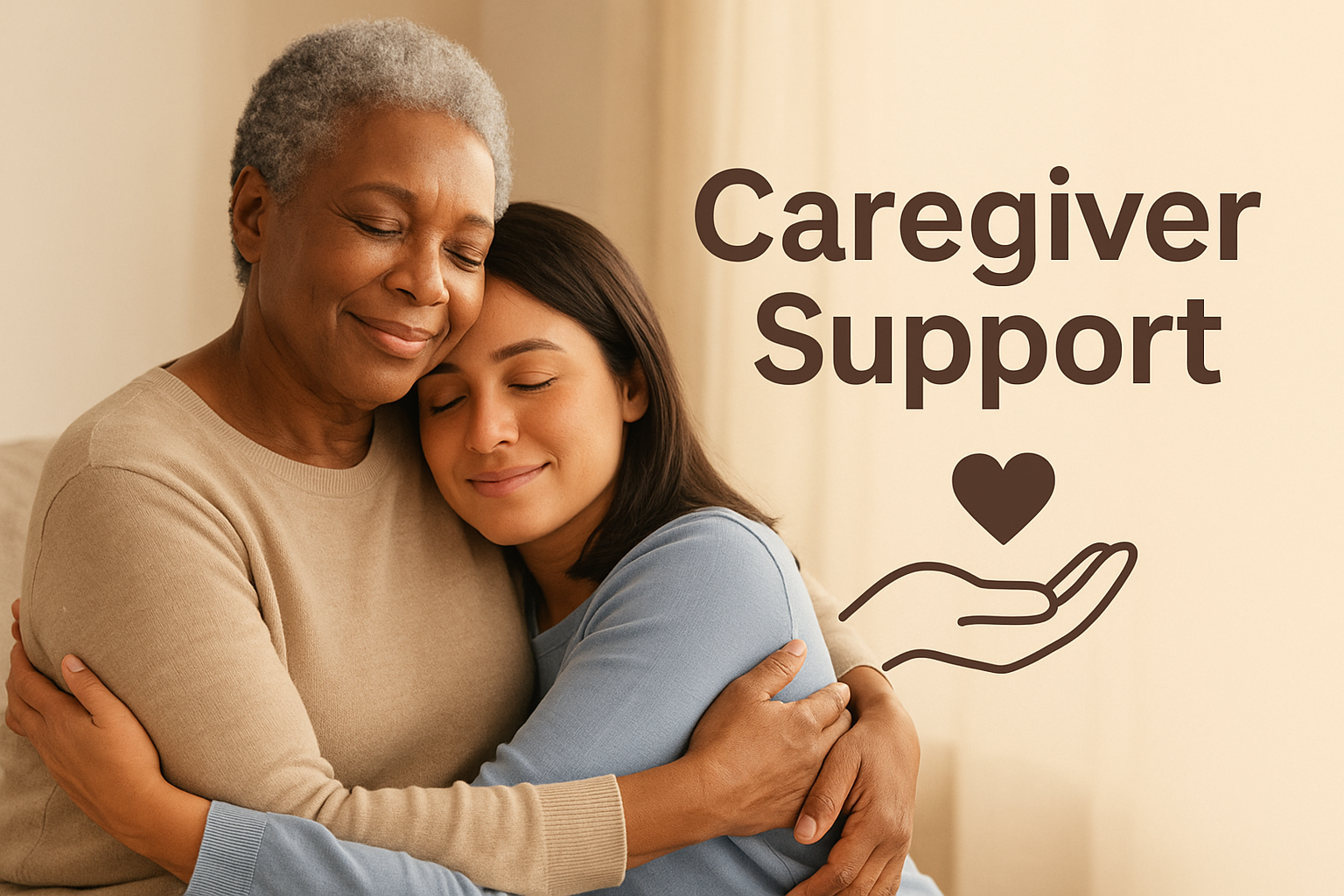 An elderly woman and a young woman hugging with eyes closed. The text says 'Caregiver Support' with a heart symbol and a hand illustration.