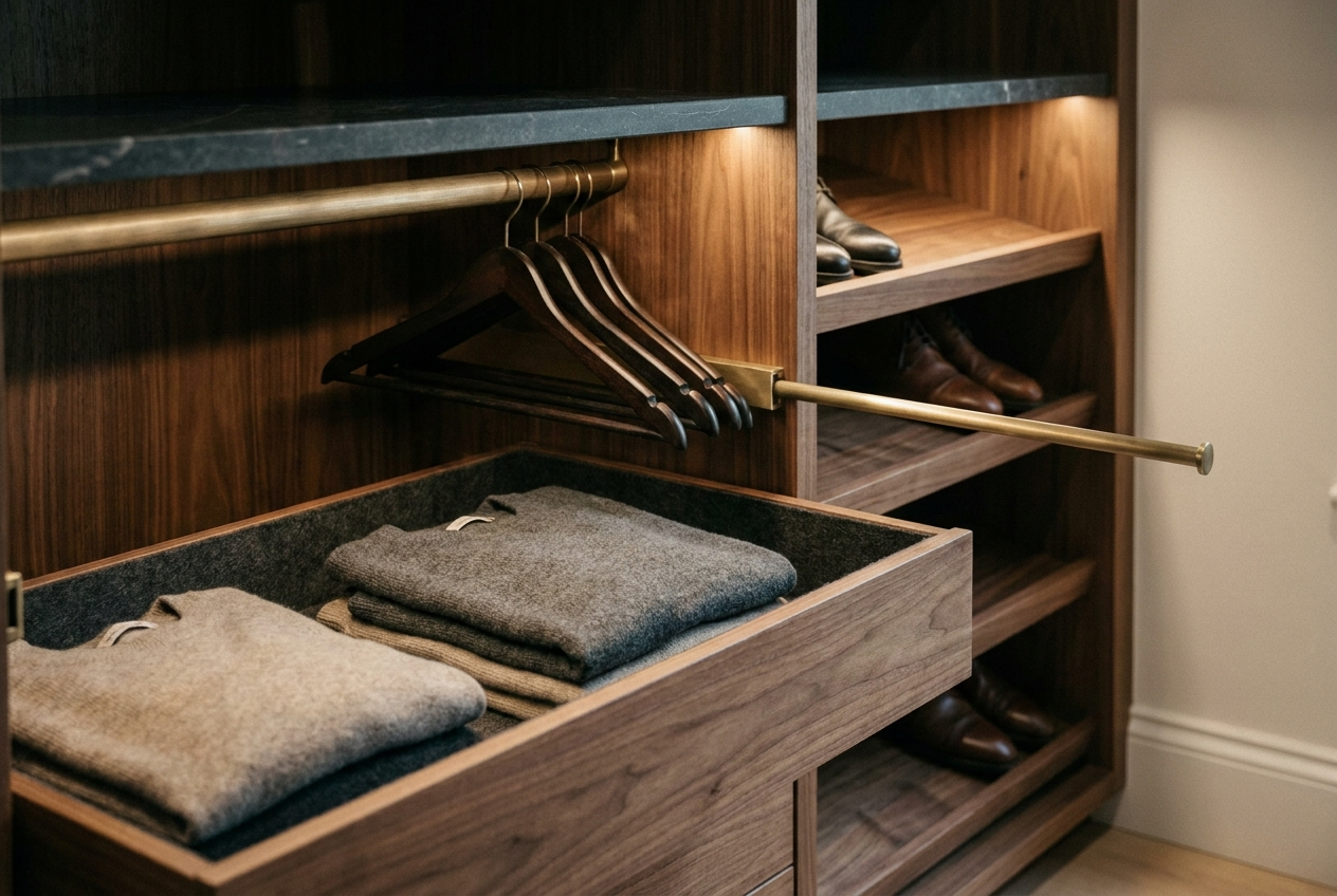 Inside a custom wardrobe showing soft-close drawers, brass hanging rail and angled shoe shelving