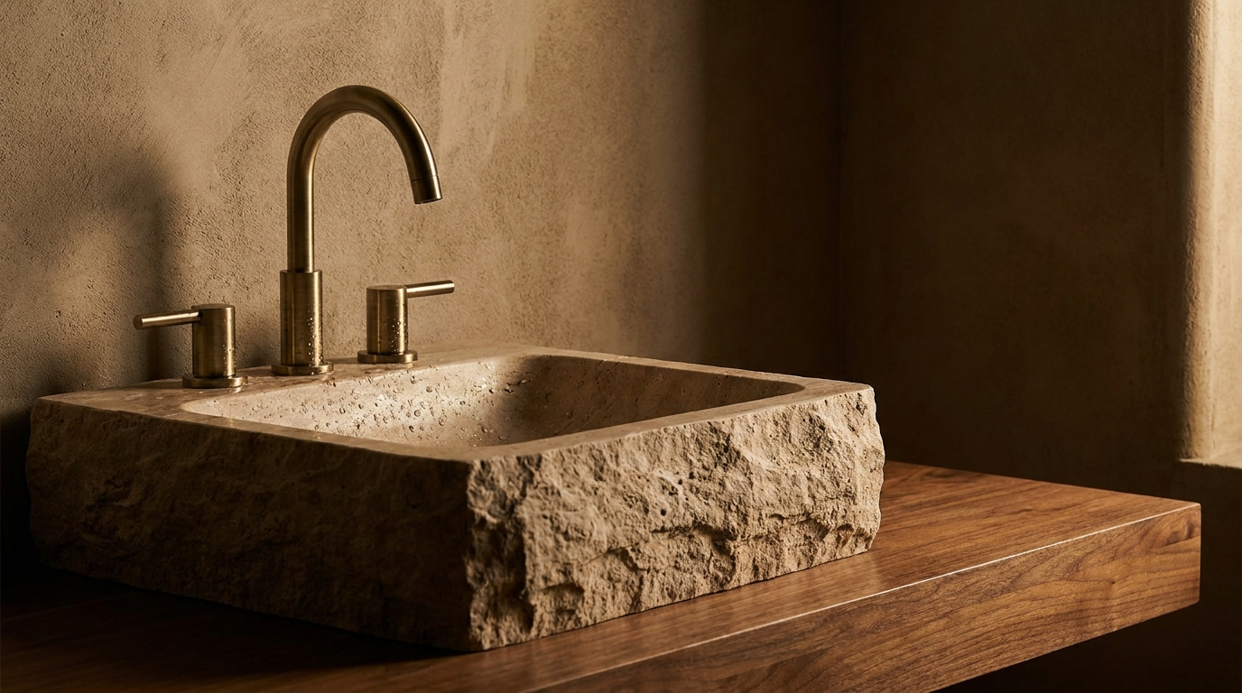 Brushed brass tapware and honed stone basin detail in a renovated NZ bathroom