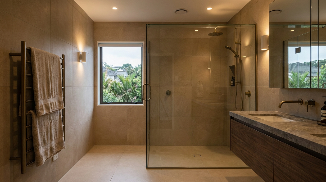 Mid-range Auckland bathroom renovation with frameless glass walk-in shower, large-format warm-toned tiles and heated towel rail