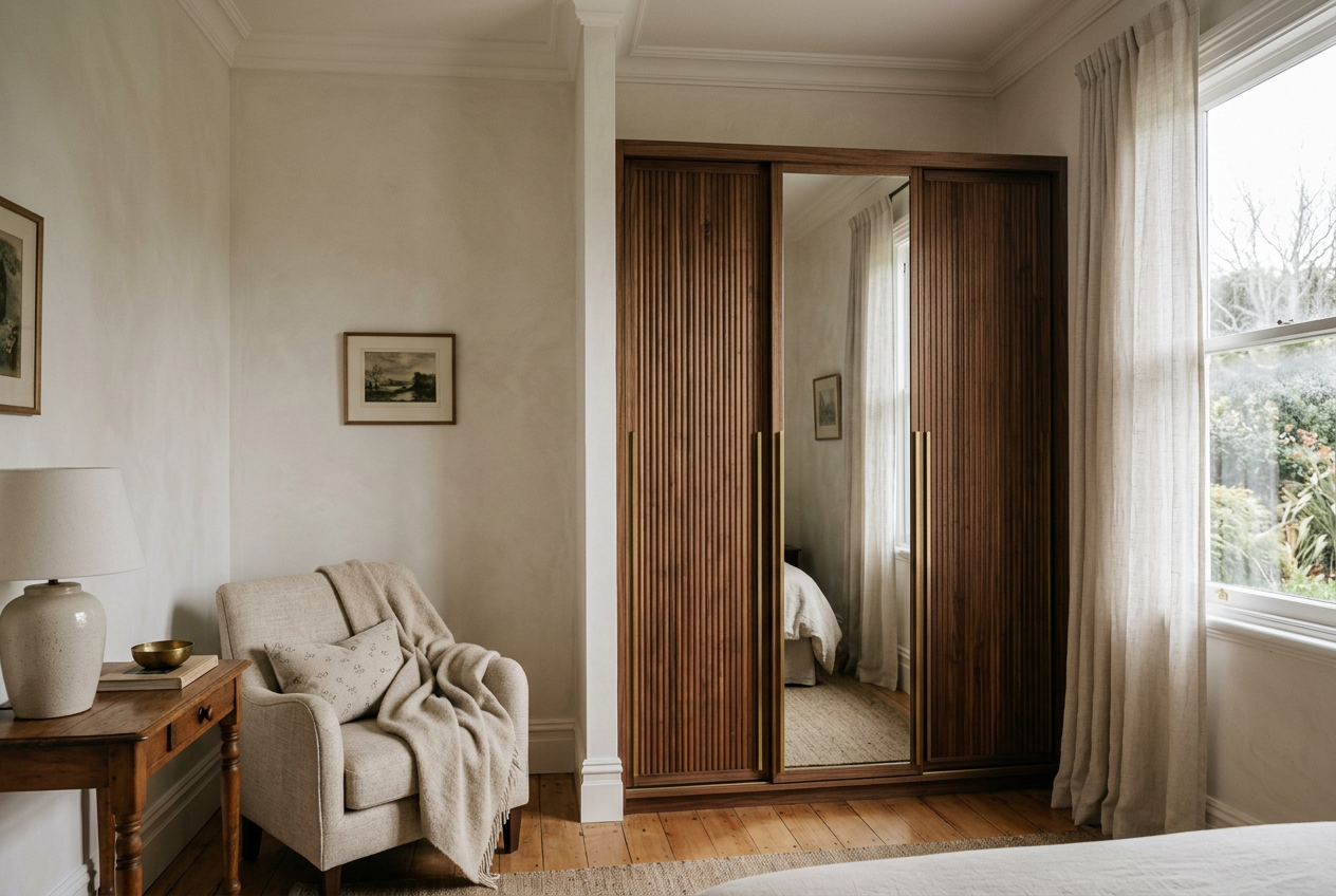 Floor-to-ceiling built-in wardrobe with fluted timber and mirrored doors in a New Zealand villa bedroom