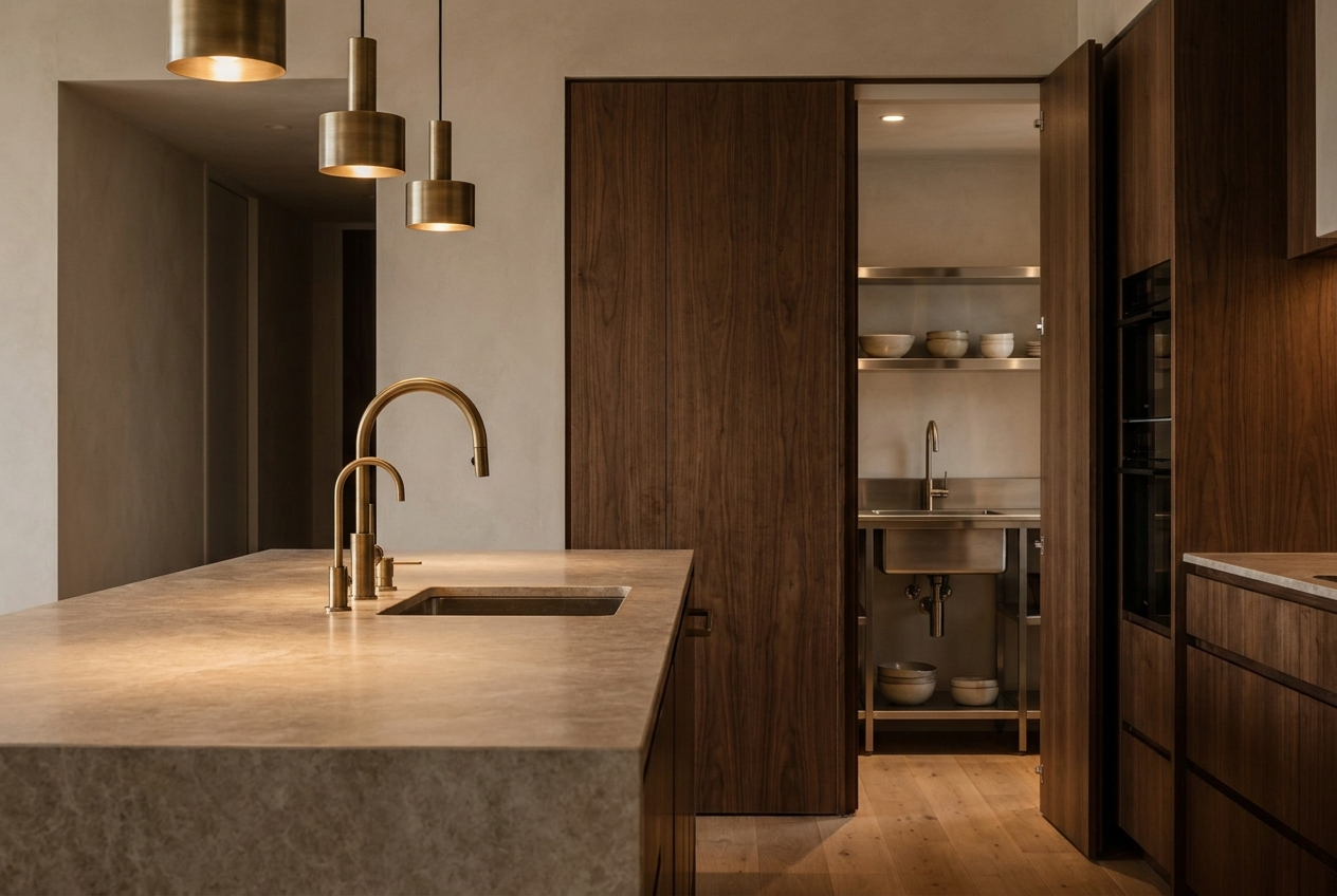Concealed scullery doorway beside a show kitchen with walnut joinery in an Auckland home
