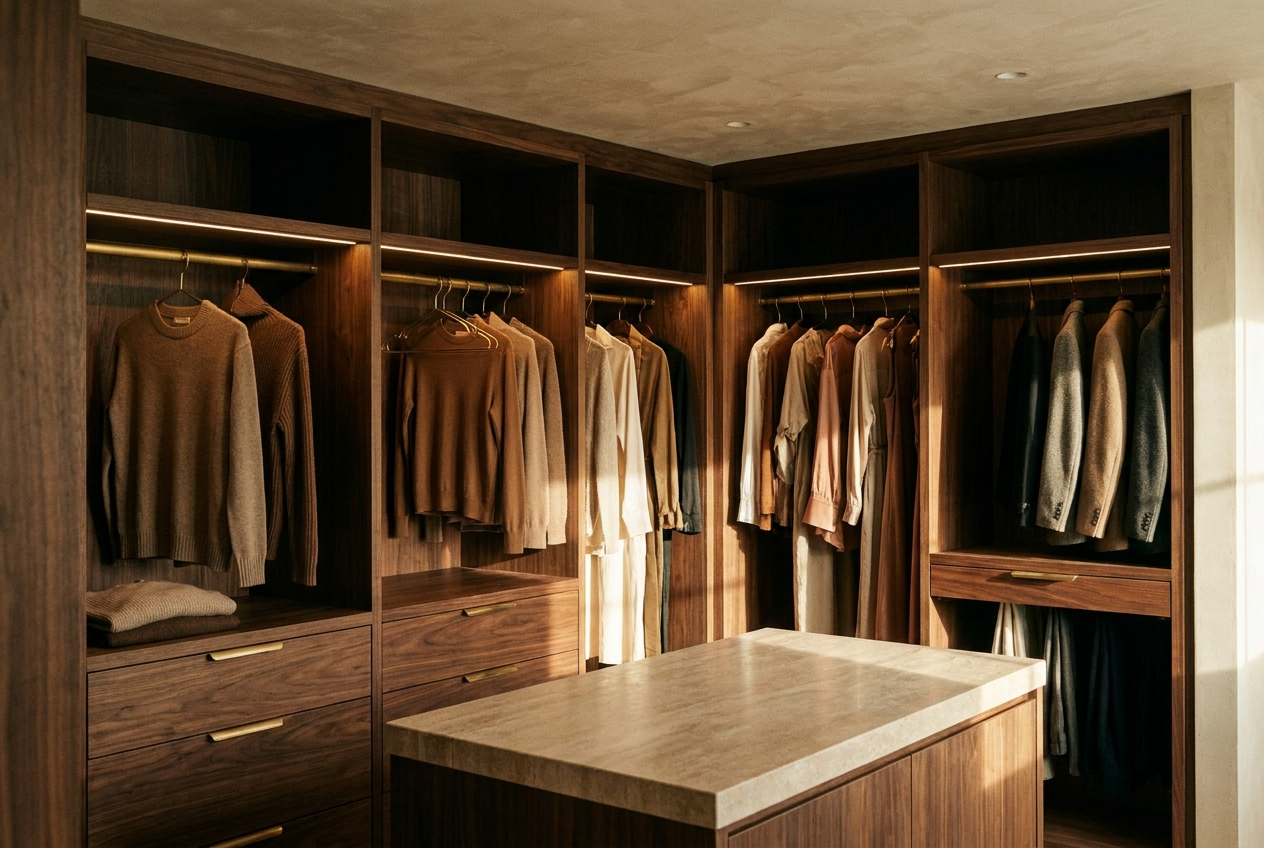 Custom walk-in wardrobe with walnut shelving and brushed brass hanging rails in an Auckland home