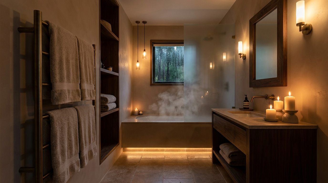 Warm Auckland bathroom with brass heated towel rail, underfloor heating and layered lighting for winter comfort
