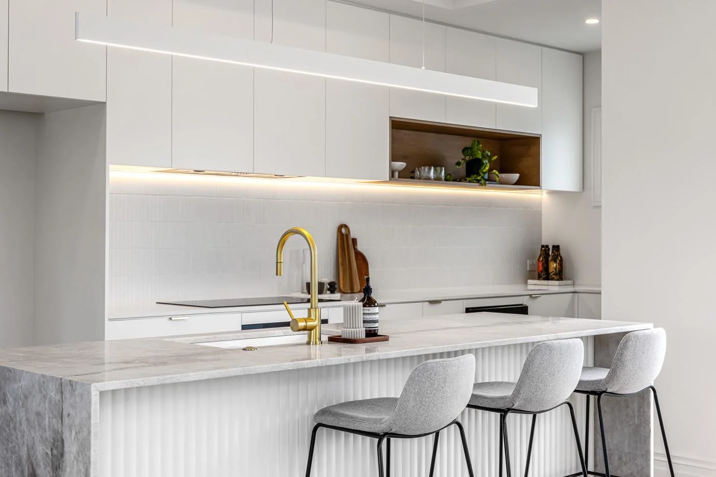 Fluted stone island kitchen, Point Chevalier Auckland