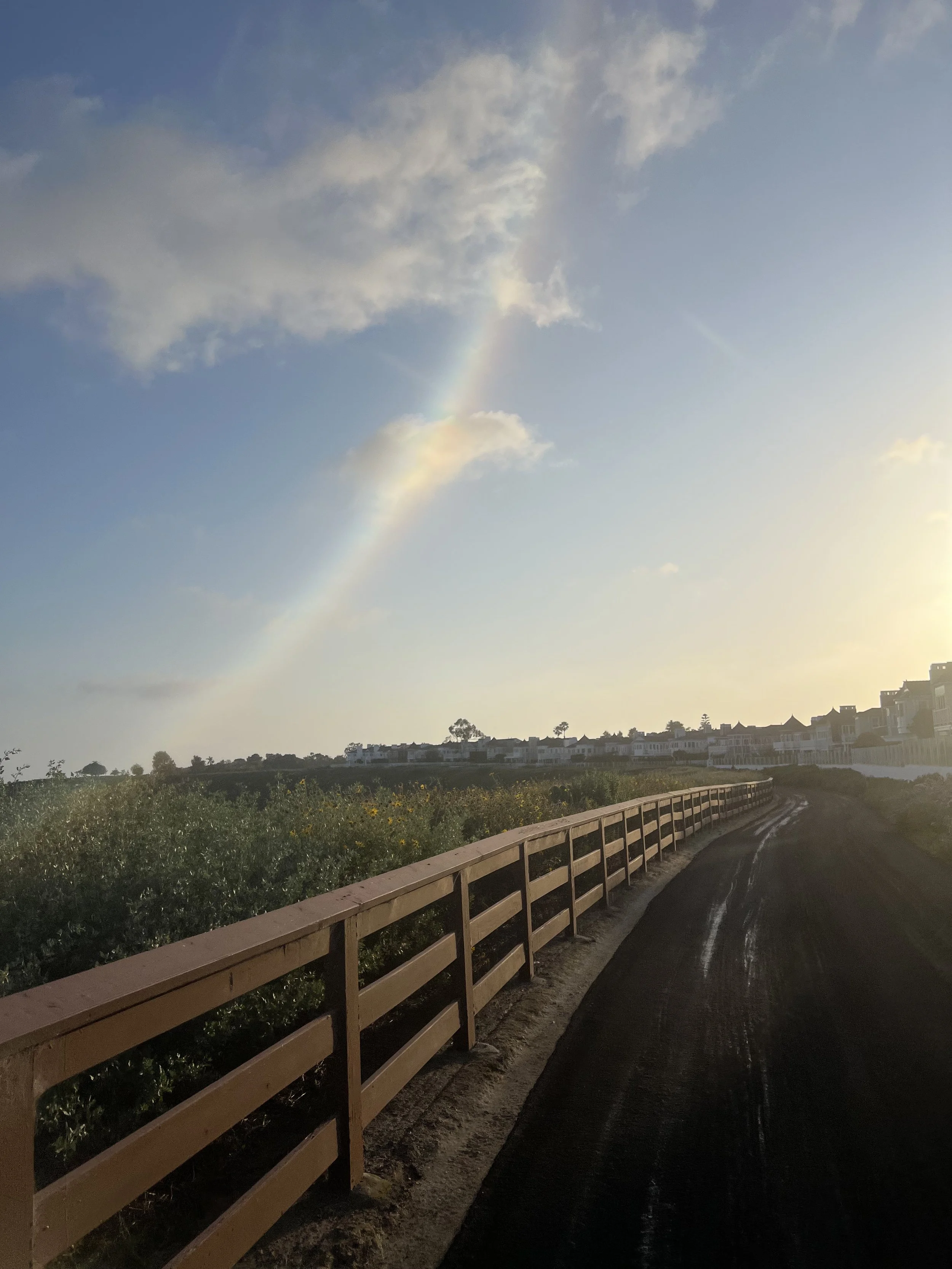 A dirt road with a wooden fence on the left, surrounded by green vegetation, extending into the distance under a partly cloudy sky with a rainbow visible.