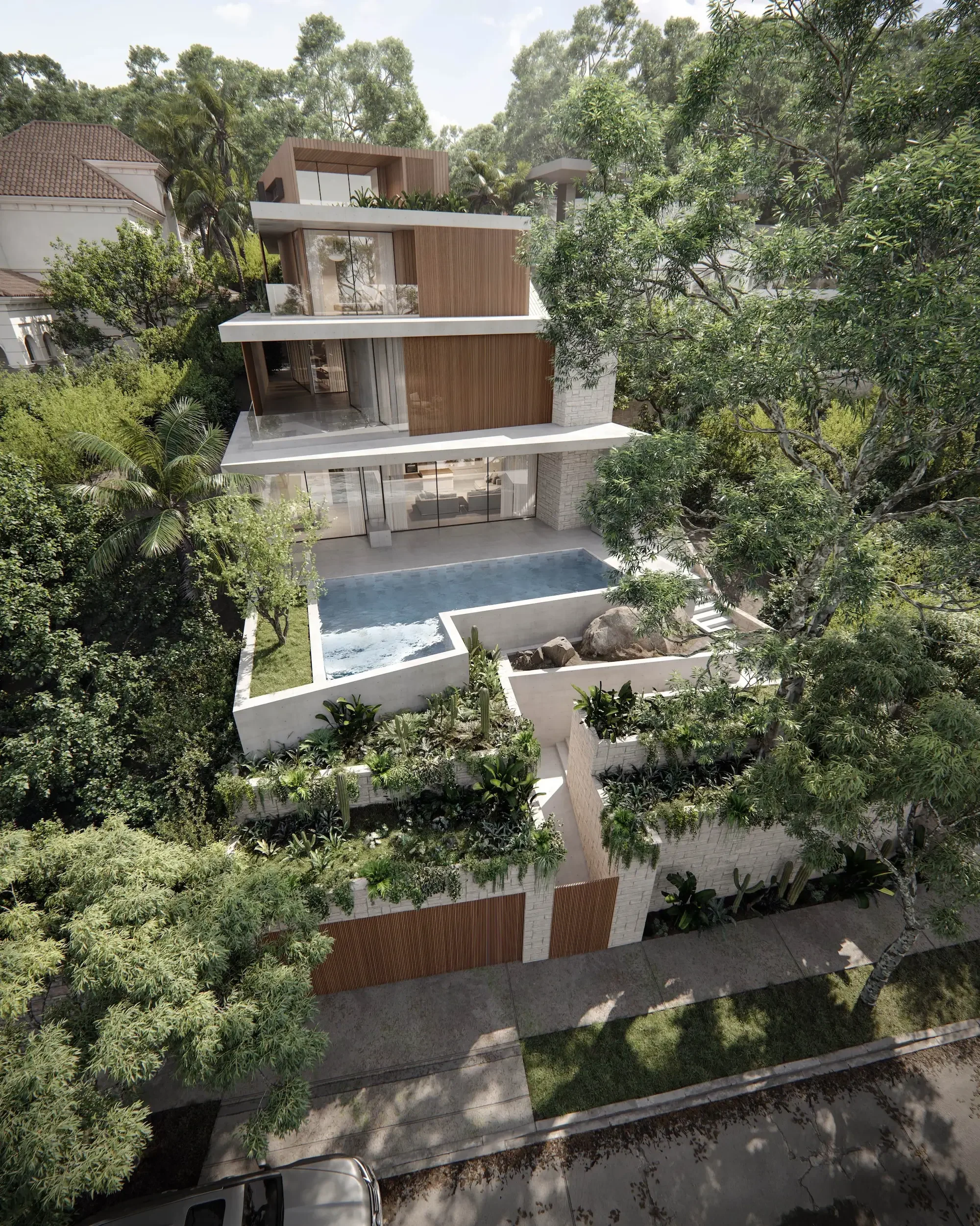 A modern multi-story house with large glass windows, wooden panels, and a rooftop pool, surrounded by lush greenery and trees.