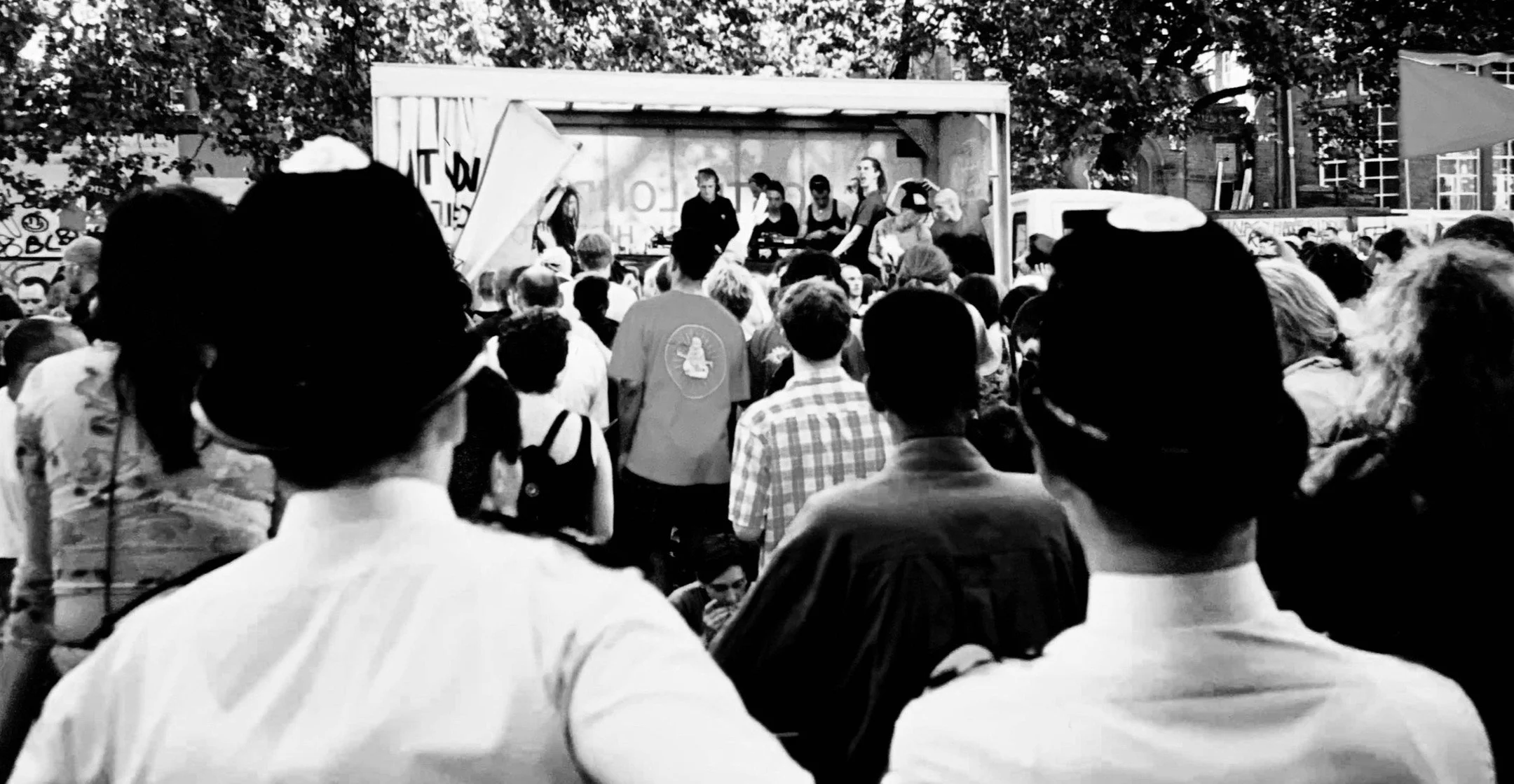 Seven Sisters High Road
On the 6th of June 1998, Reclaim the Streets staged a large, unauthorized street party on Seven Sisters High Road in Tottenham, drawing 4,000&ndash;5,000 people. The road became a lively protest space with sandpits, bike-power