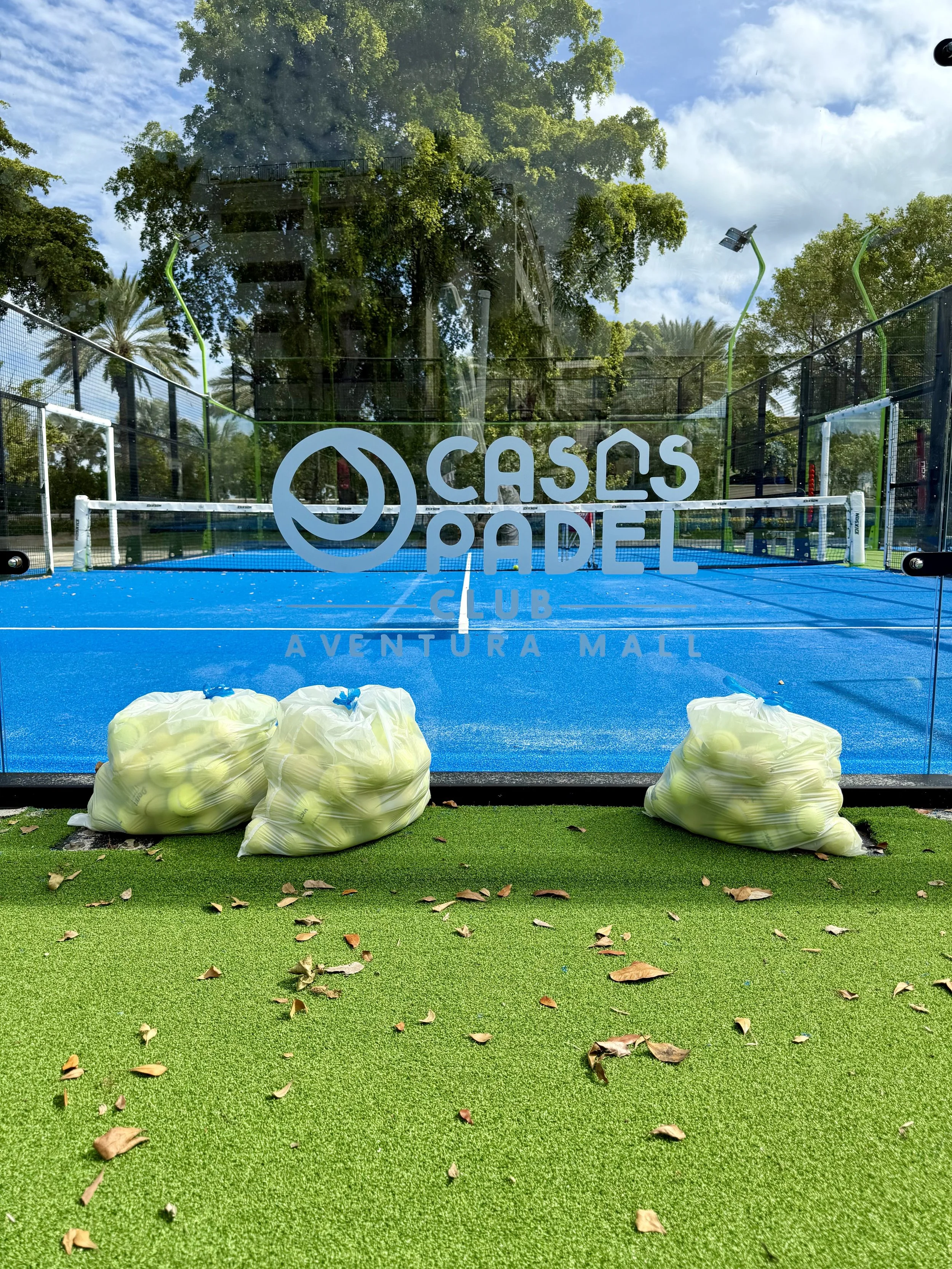 A bag of tennis balls for BounceBackBalls on turf in front of a glass wall of a padel court and a banner advertising a padel academy, with a blue sky and palm trees in the background.