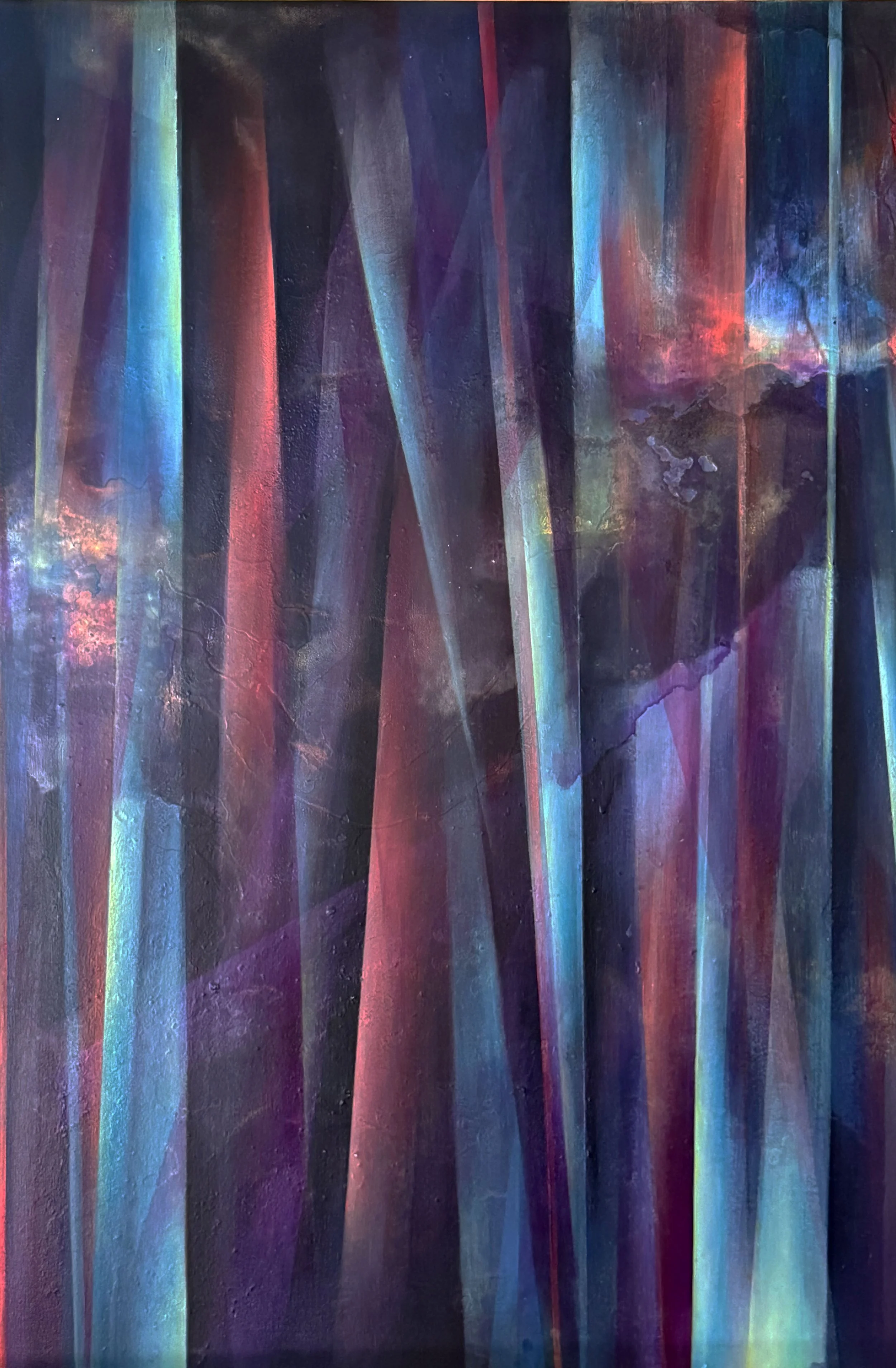 Crossing the veils by Aazam Irilian. Acrylic and oil on canvas. and abstract painting of vertical transluscent forms in deep purples, rich reds, and luminus blues rising from dark ground, suggesting veils of light passing through darkness.