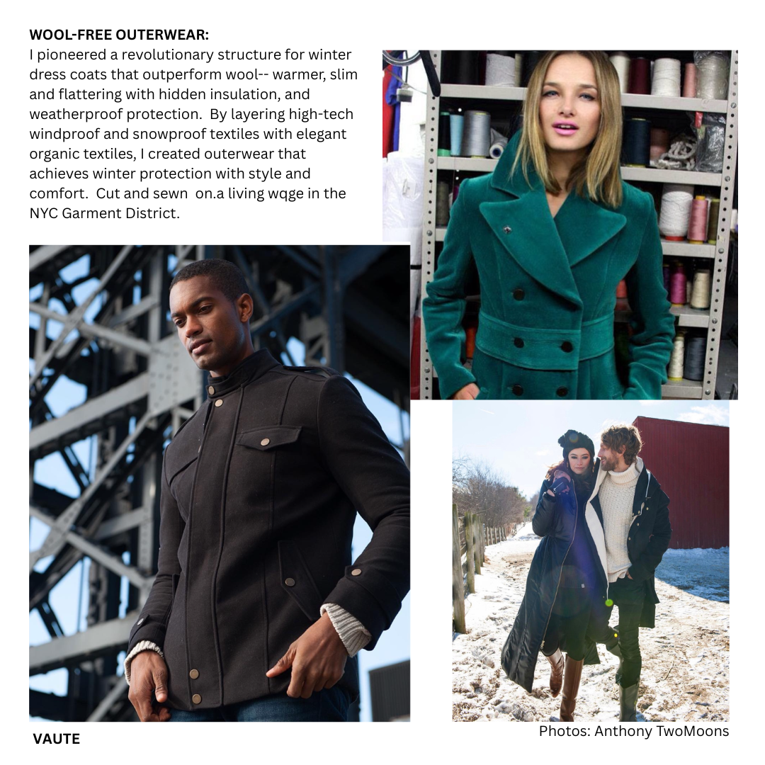 Vegan Fashion Designer Leanne Mai-ly Hilgart for VAUTE + Vegan Winter Coats warmer than wool using high tech materials, made in NYC.
