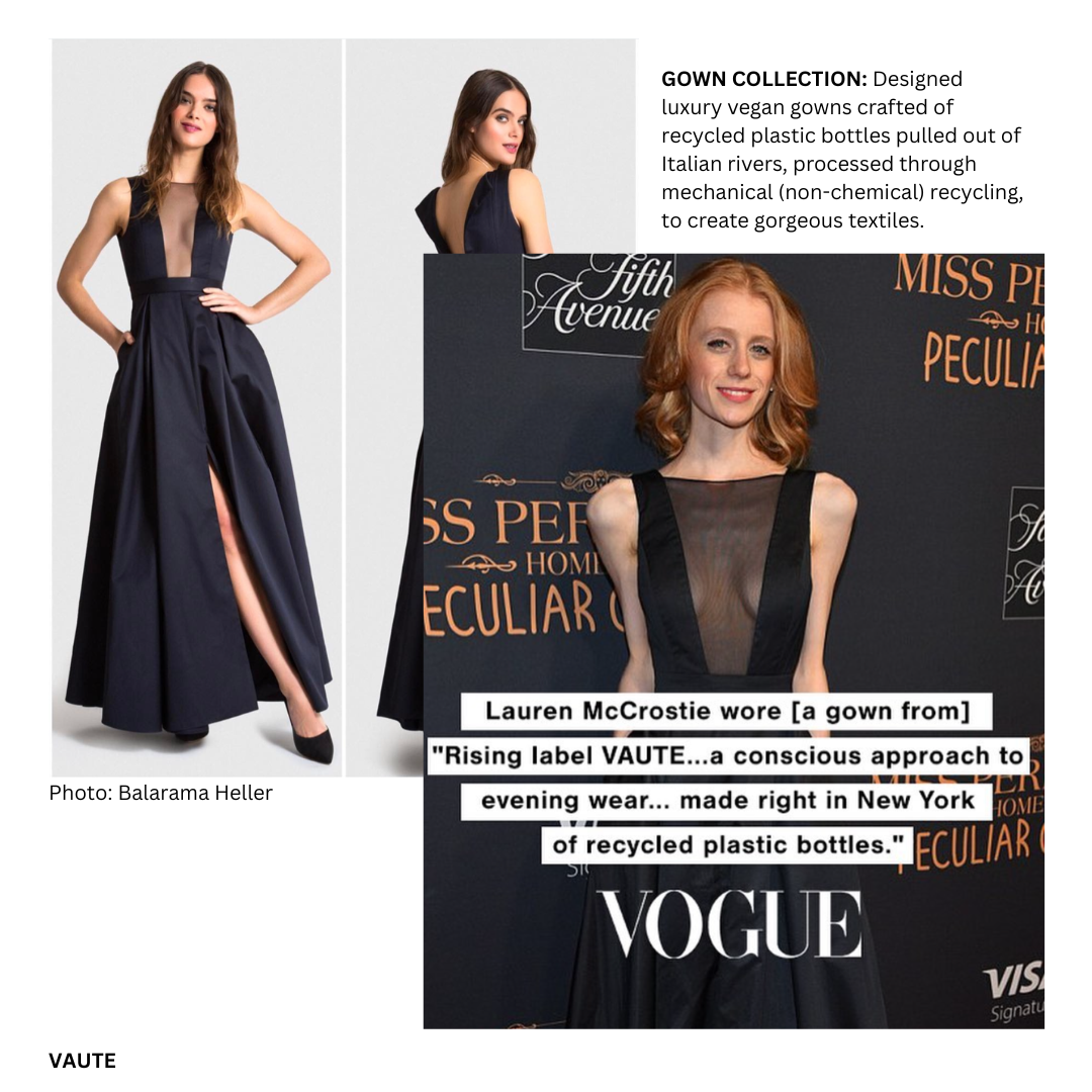 Vegan Fashion Designer Leanne Mai-ly Hilgart for VAUTE + Luxe Vegan Gowns of diverted plastic bottles, as seen in VOGUE Magazine