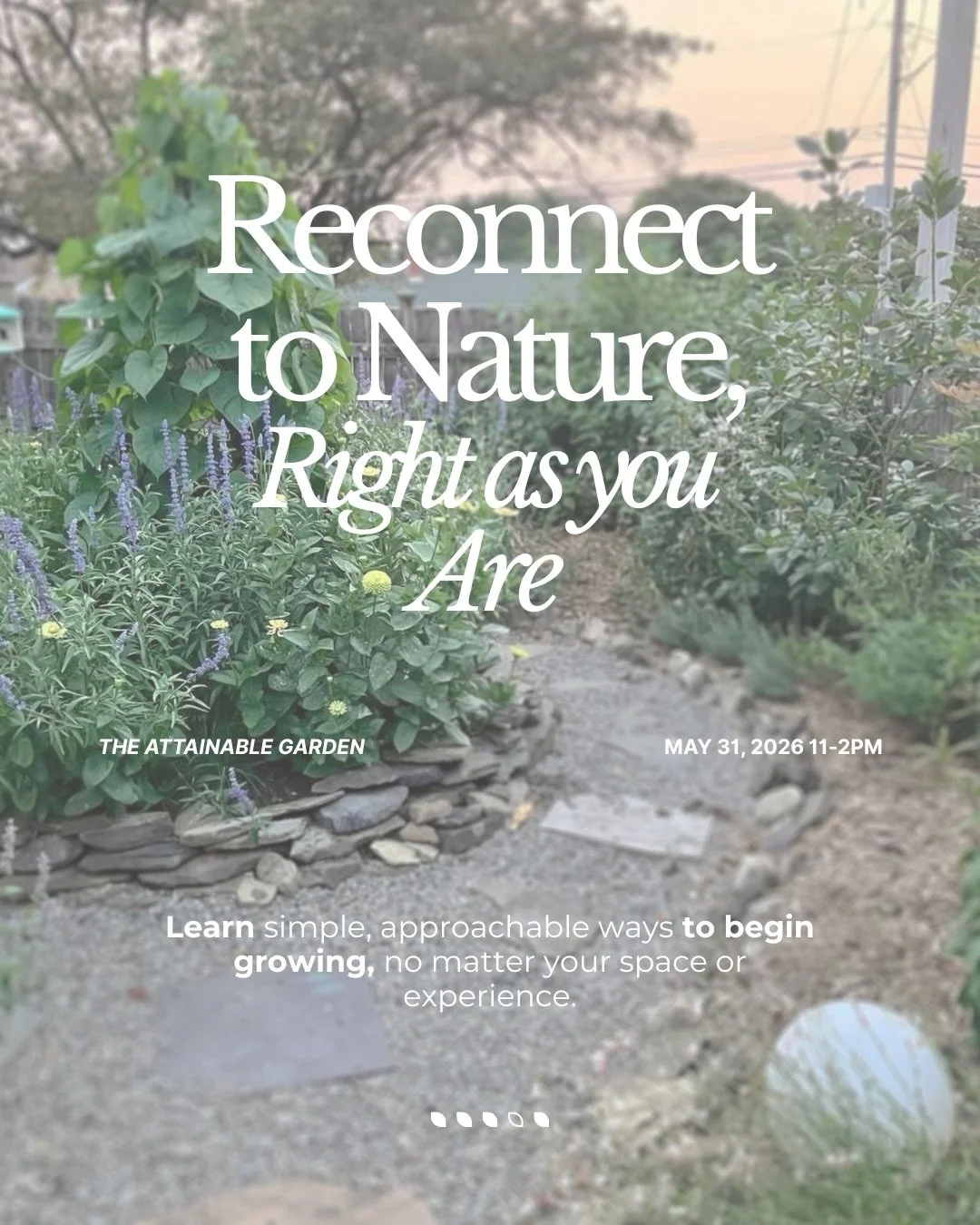 This Sunday! 🙌 Join us for a gentle afternoon of connection, reflection, and hands-on learning with Jen from The Attainable Garden at our Nourish + Nurture retreat.

Slow down and reconnect through breathwork, herbal tea blending, grounding in natur