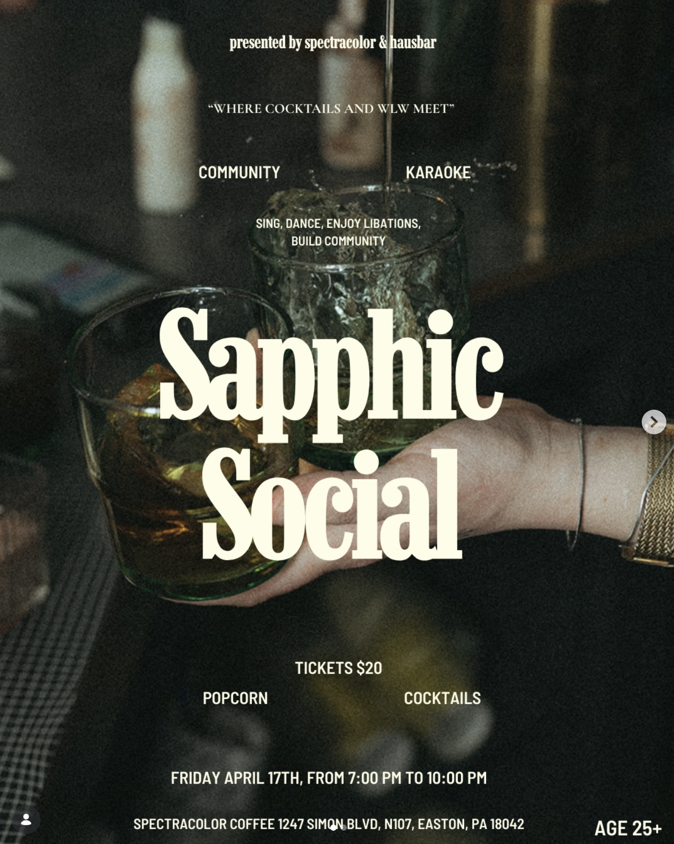 Sapphic Social April 17 hosted by Haus Bar at Spectracolor Coffee in Easton, Lehigh Valley, Pa