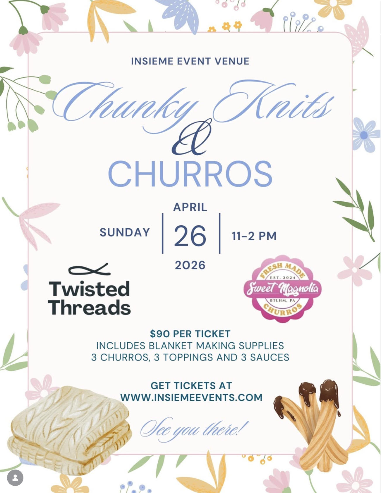 Insieme Event Venue hosting Chunky Knits and Churros April 26, 2026 in the Lehigh Valley, PA with Twisted Threads and Sweet Magnolia Churros. Get your Tickets.