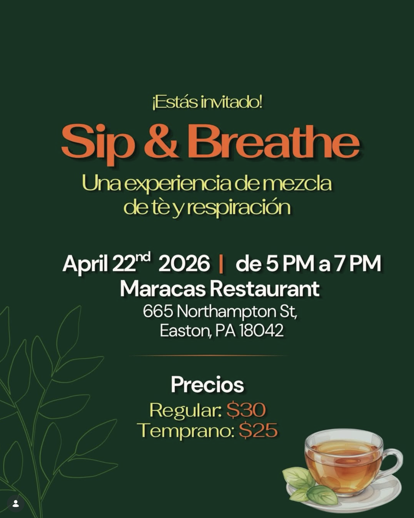 Sip and Breathe Event April 22 with Earthshine Holistics at Maracas Restaurant in Easton, Lehigh Valley, PA