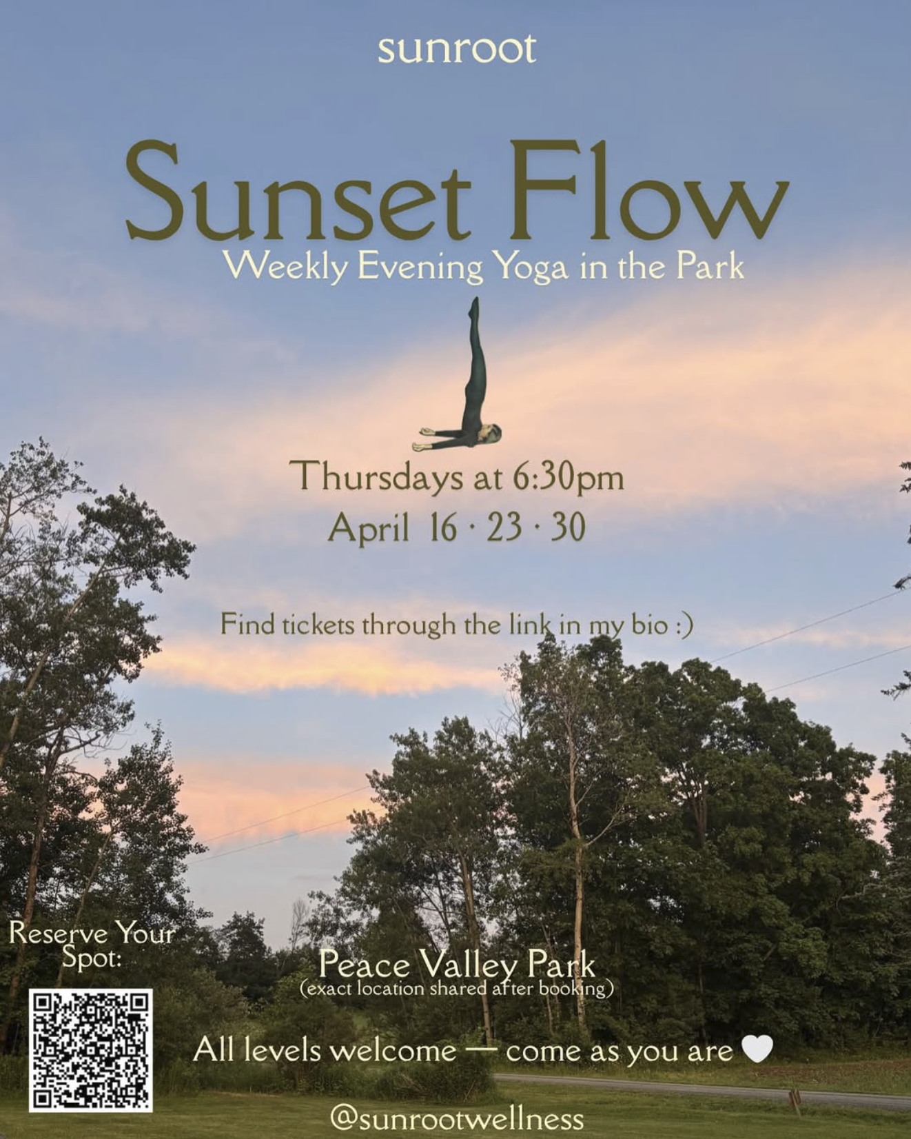 Sunset Flow Weekly Evening Yoga in the Park Event April 16 by Sunroot at Peace Valley Park, Lehigh Valley, PA