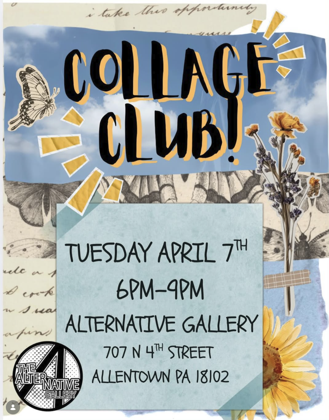 Collage Club Event Tuesday April 7 at Alternative Gallery Allentown, Lehigh Valley, Pa