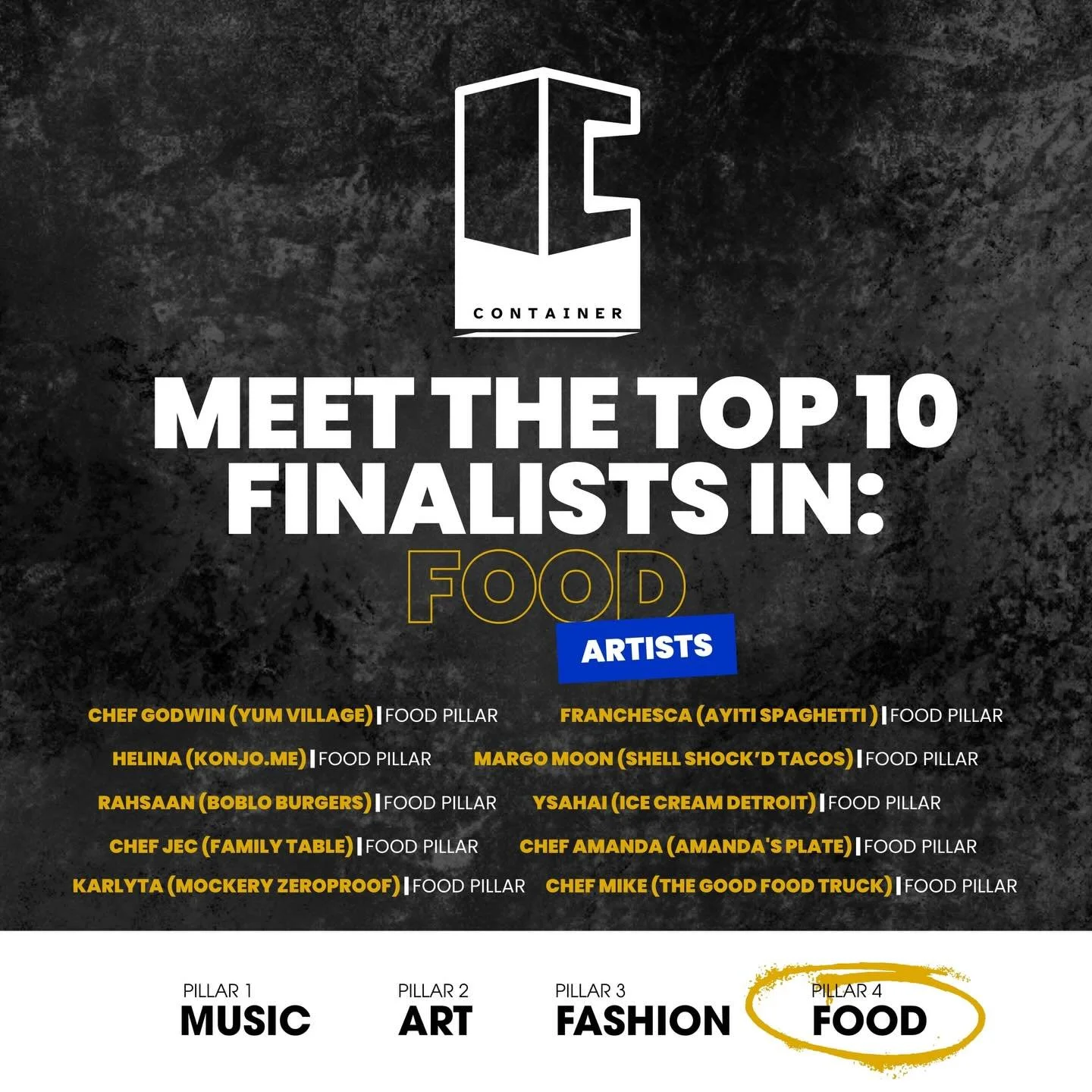 Excited to introduce the final pillar with the Top 10 Food Artists selected for THE PEOPLE&rsquo;S PICK. 🍽️🔥

These culinary creators will present their work live as they compete for a spot in the next season of CONTAINER.

Event Details:
 &bull; S