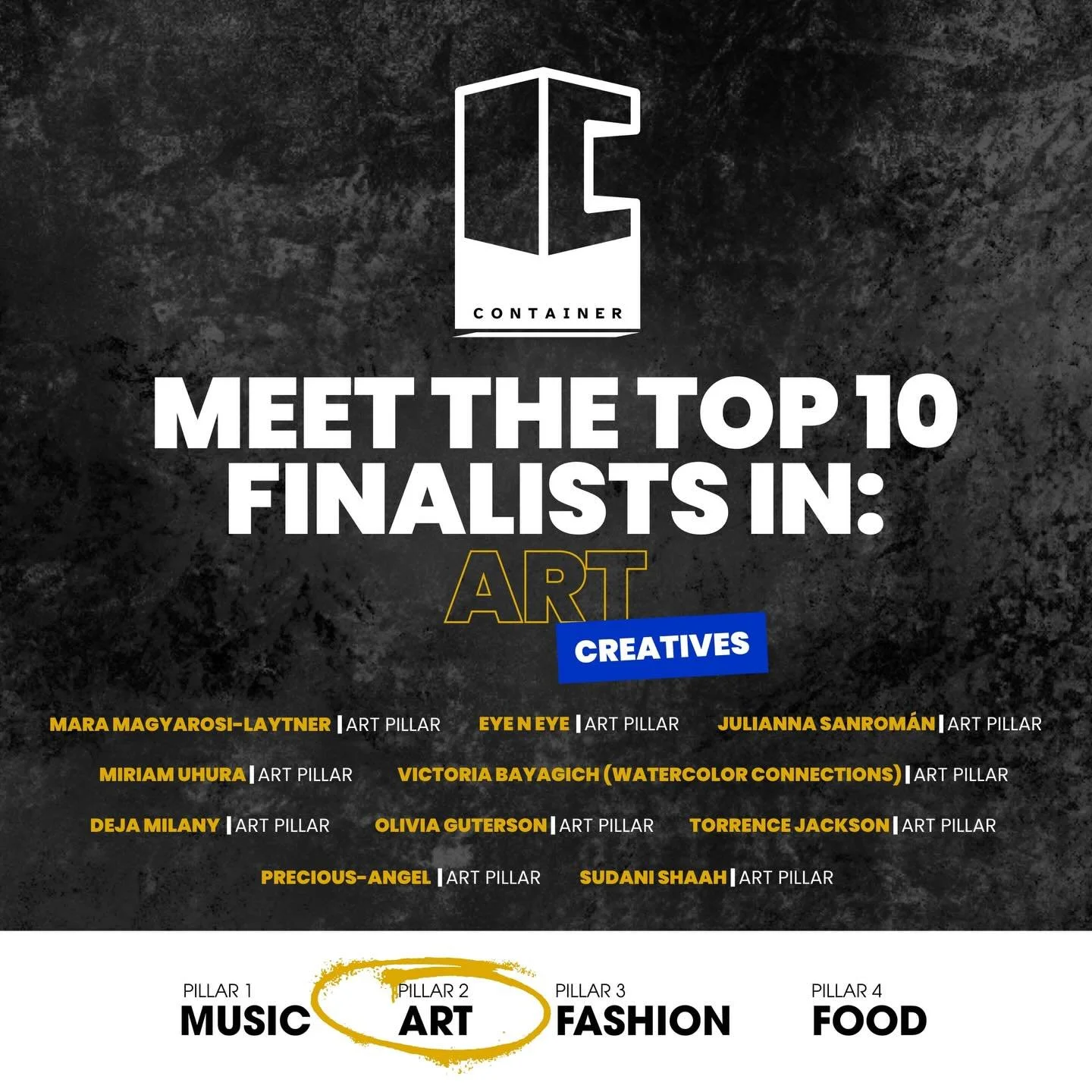 Meet the Top 10 Visual Artists selected for THE PEOPLE&rsquo;S PICK. 🎨

These artists will showcase their work live as they compete for a position in the next season of CONTAINER.

Tag someone who would love this kind of showcase. ⬇️

Event Details: