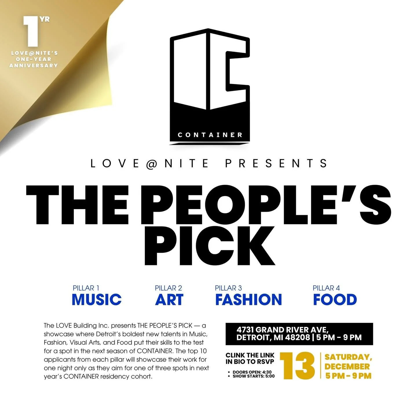 Who&rsquo;s going to make it to Season 2 of CONTAINER? 👀🔥

Join us for THE PEOPLE&rsquo;S PICK &mdash; where Detroit&rsquo;s emerging talents in music, fashion, visual arts, and food audition for a spot in the upcoming Season 2 of CONTAINER. The to