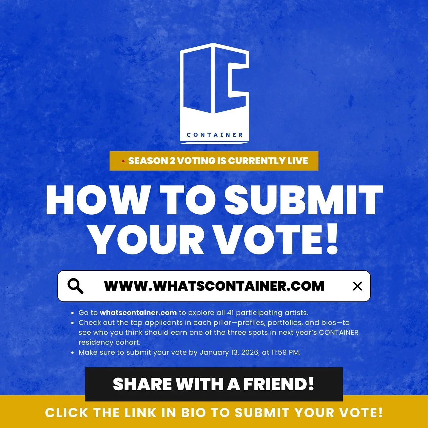 Voting is officially live. The top applicants from each pillar are now competing for one of three spots in next year&rsquo;s CONTAINER residency cohort. Click the link in bio to explore their profiles and bios, and cast your vote. 

Thank you for bei