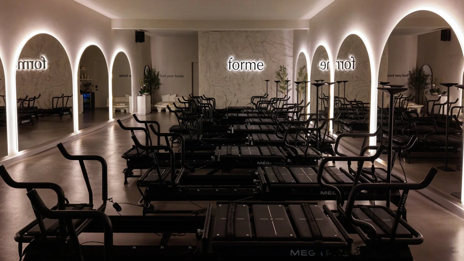 The Forme Burbank studio, lit arches and the backlit forme sign
