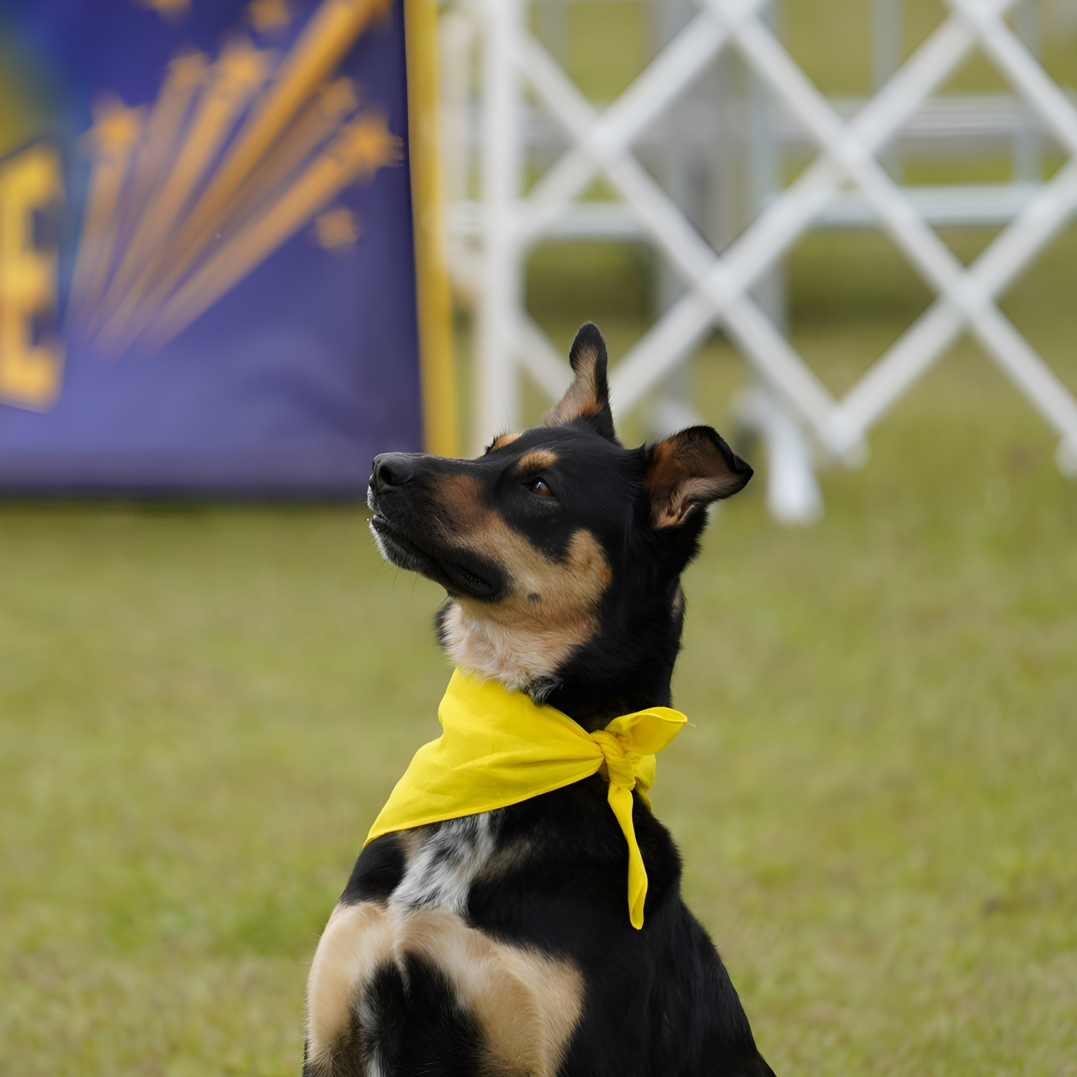 A black and tan dog wearing a yellow bandana, sitting on grass in an outdoor setting with a blurred background.