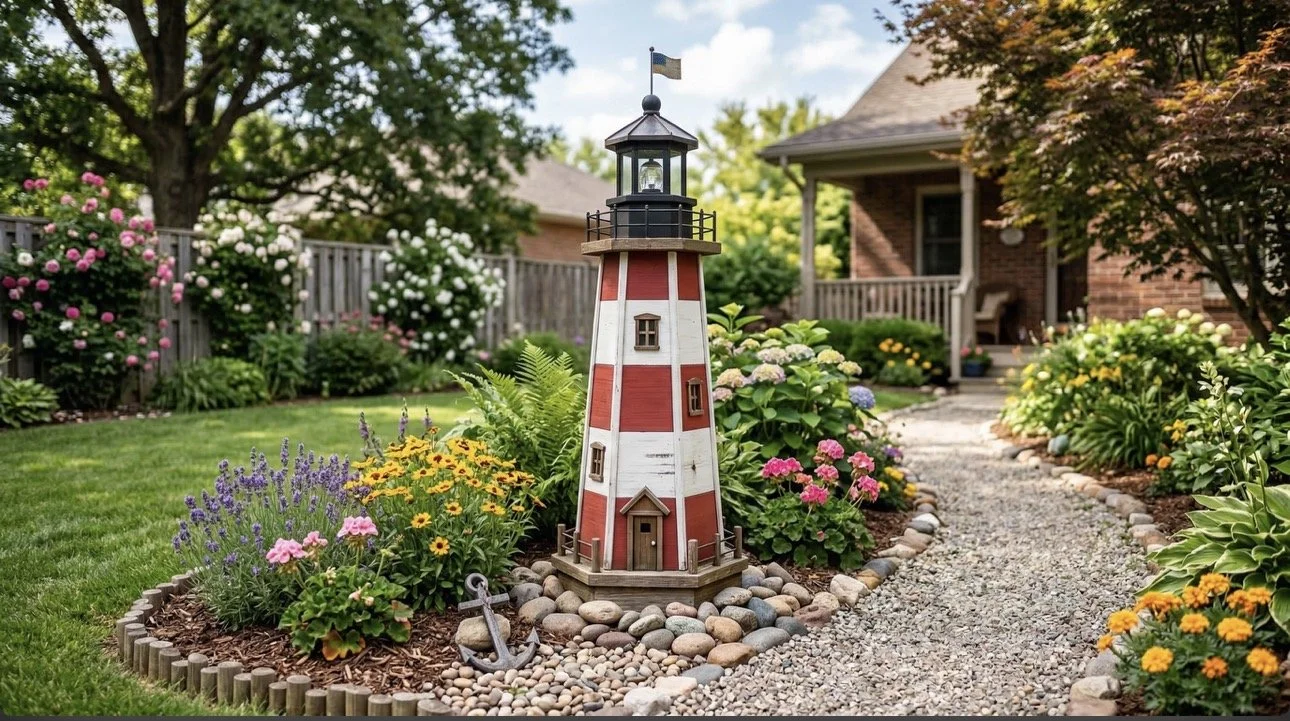 A garden with colorful flowers, a small gravel pathway, and a decorative lighthouse model in the center, with a house and trees in the background.