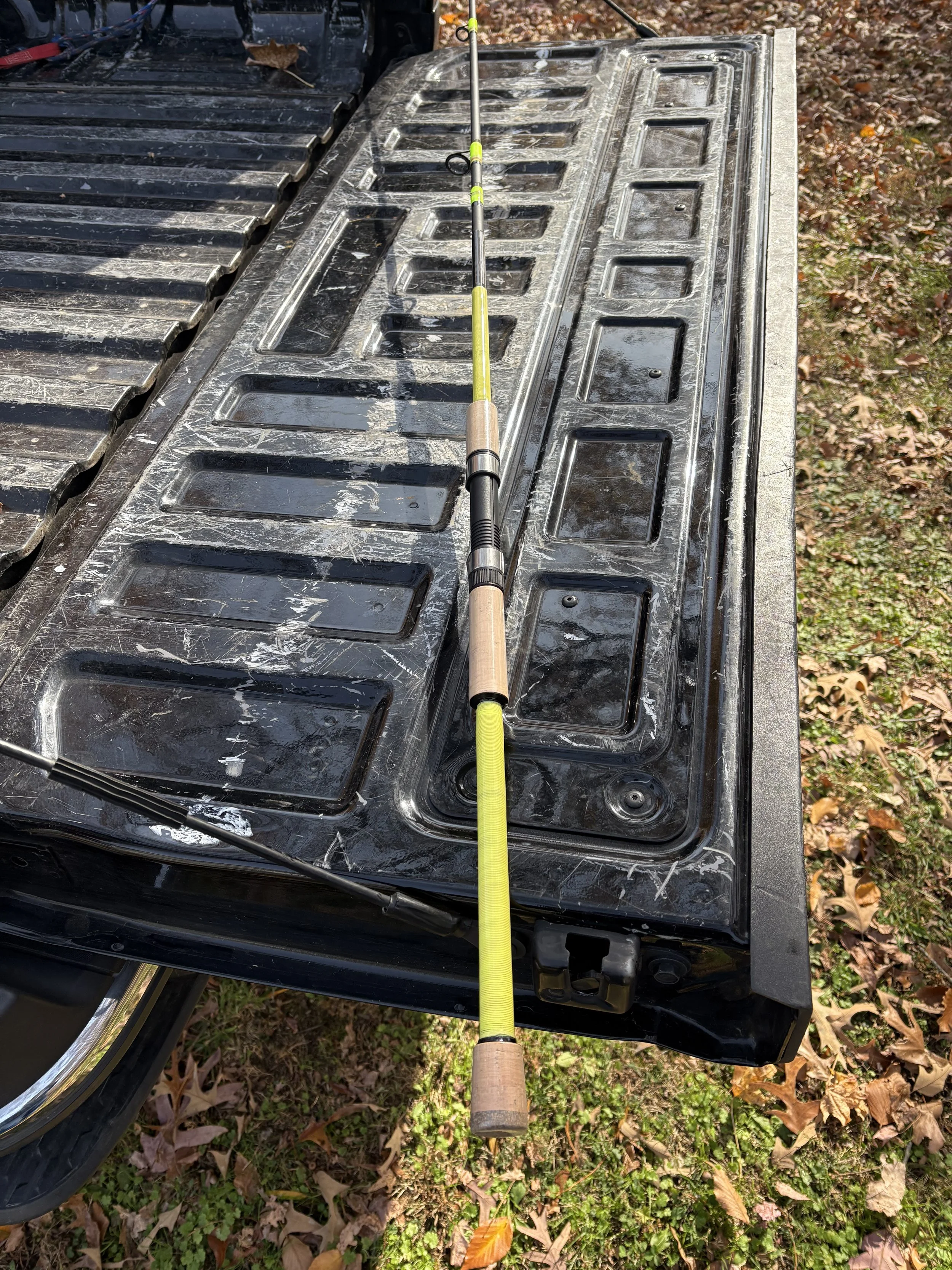Fishing rod resting on the lid of a weathered pickup truck tailgate outdoors among fallen leaves.