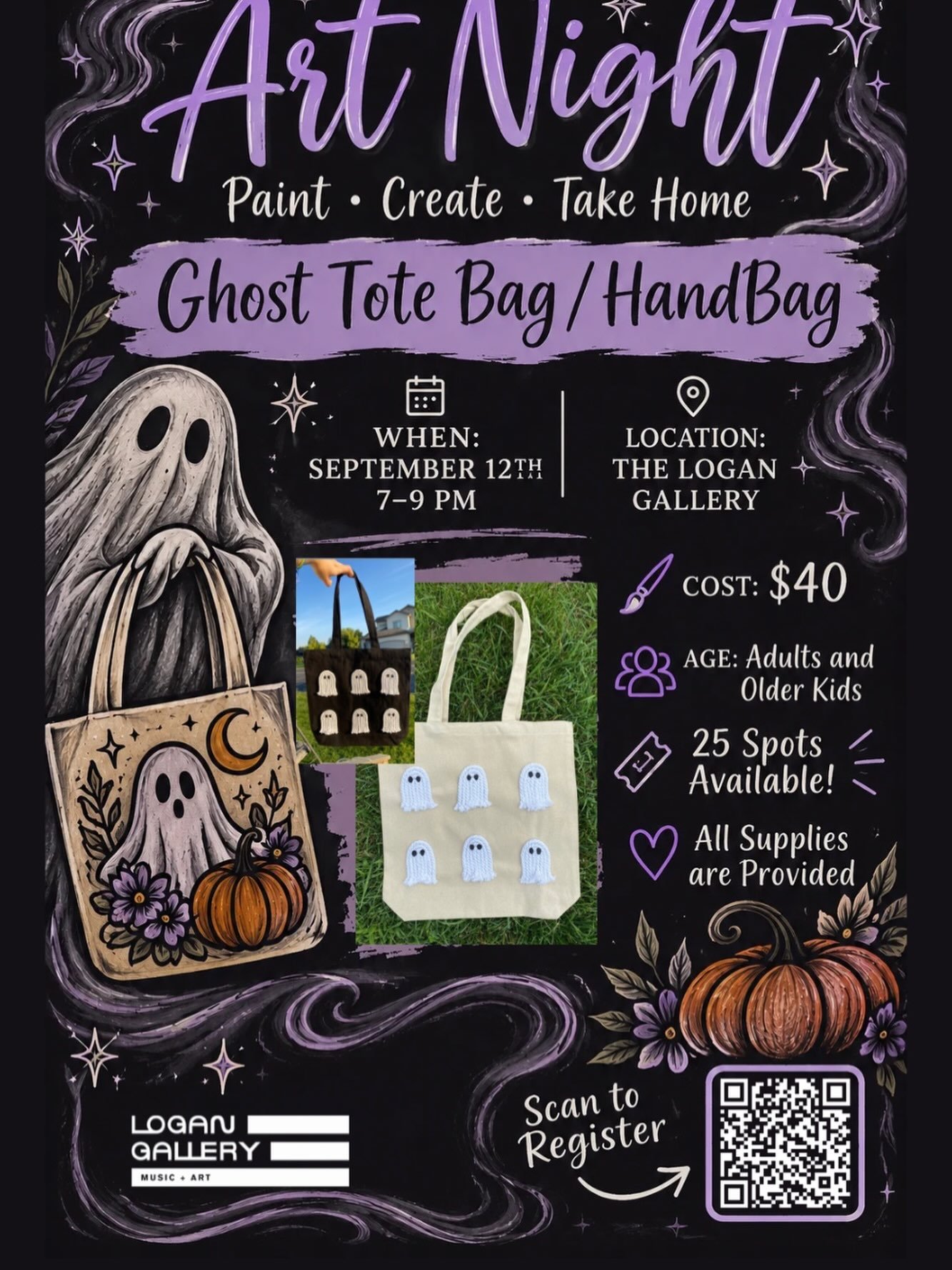 Come join us this Saturday, September 12, 7-9pm for a fun creative night! Ashley Jesson will be our instructor as we make creative candy Bags in preparation for Halloween! Tons of fun! See you there! Tickets at theLoganGallery.art
