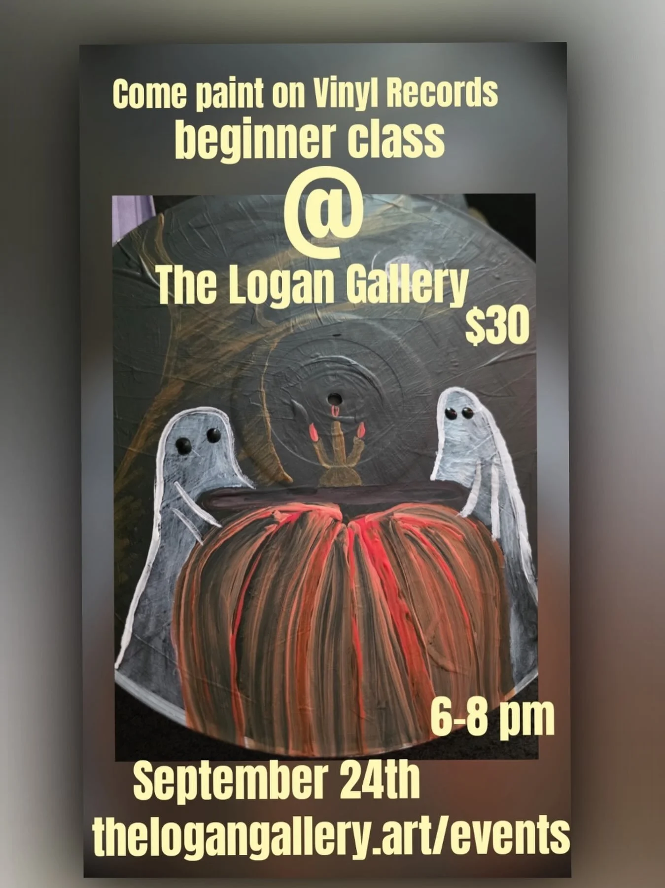 This September 24 from 6 to 8 PM come and join us on goulish night of creativity and expression as we convey the spirit of the spooky season onto vinyl records, take your artwork home and hang them up after!  Tickets can be purchased at theLoganGalle