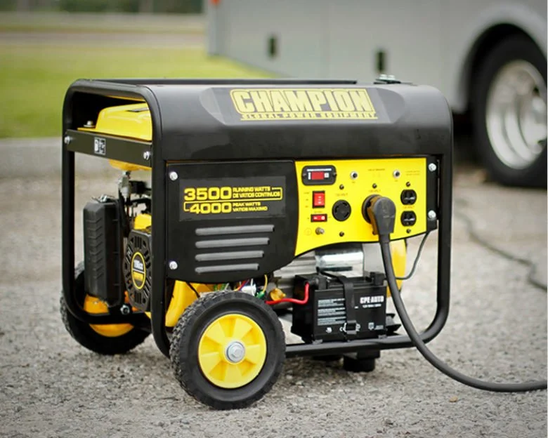 Yellow and black Champion portable generator on gravel with wheels and control panel.