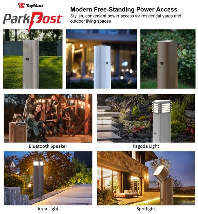 Collection of outdoor lighting and power devices including modern free-standing power access units, a Bluetooth speaker, pagoda light, area light, and spotlight, designed for residential yards and outdoor living spaces.