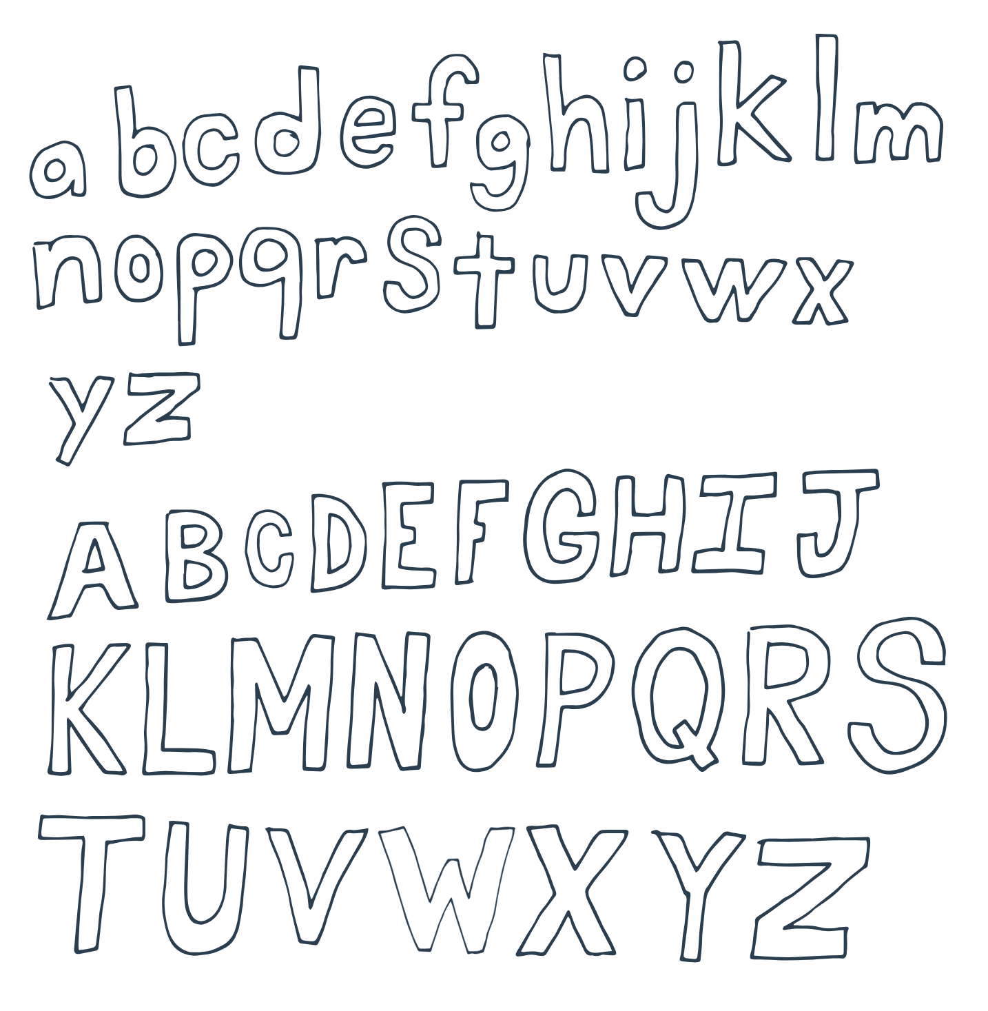 Hand-drawn lowercase and uppercase alphabet letters in a casual, irregular font over a white background.