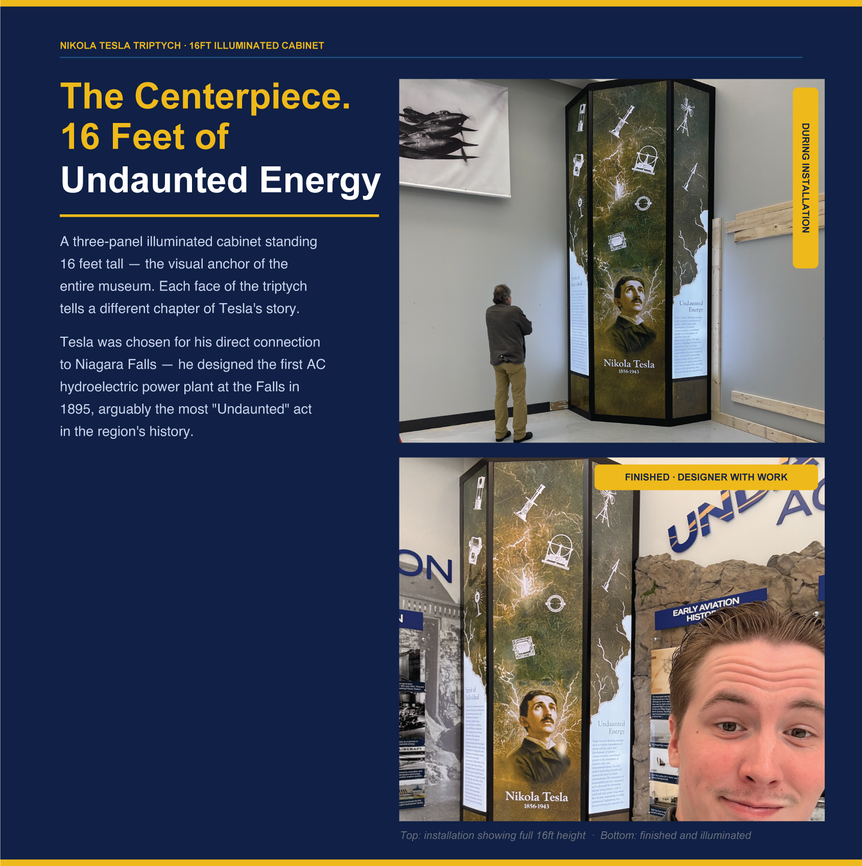 A museum exhibit featuring a three-panel illuminated cabinet that is 16 feet tall, showcasing information about Nikola Tesla. The cabinet has illustrations and text, with a person observing it. The exhibit's label indicates it is during installation, with a finished, illuminated version also visible.