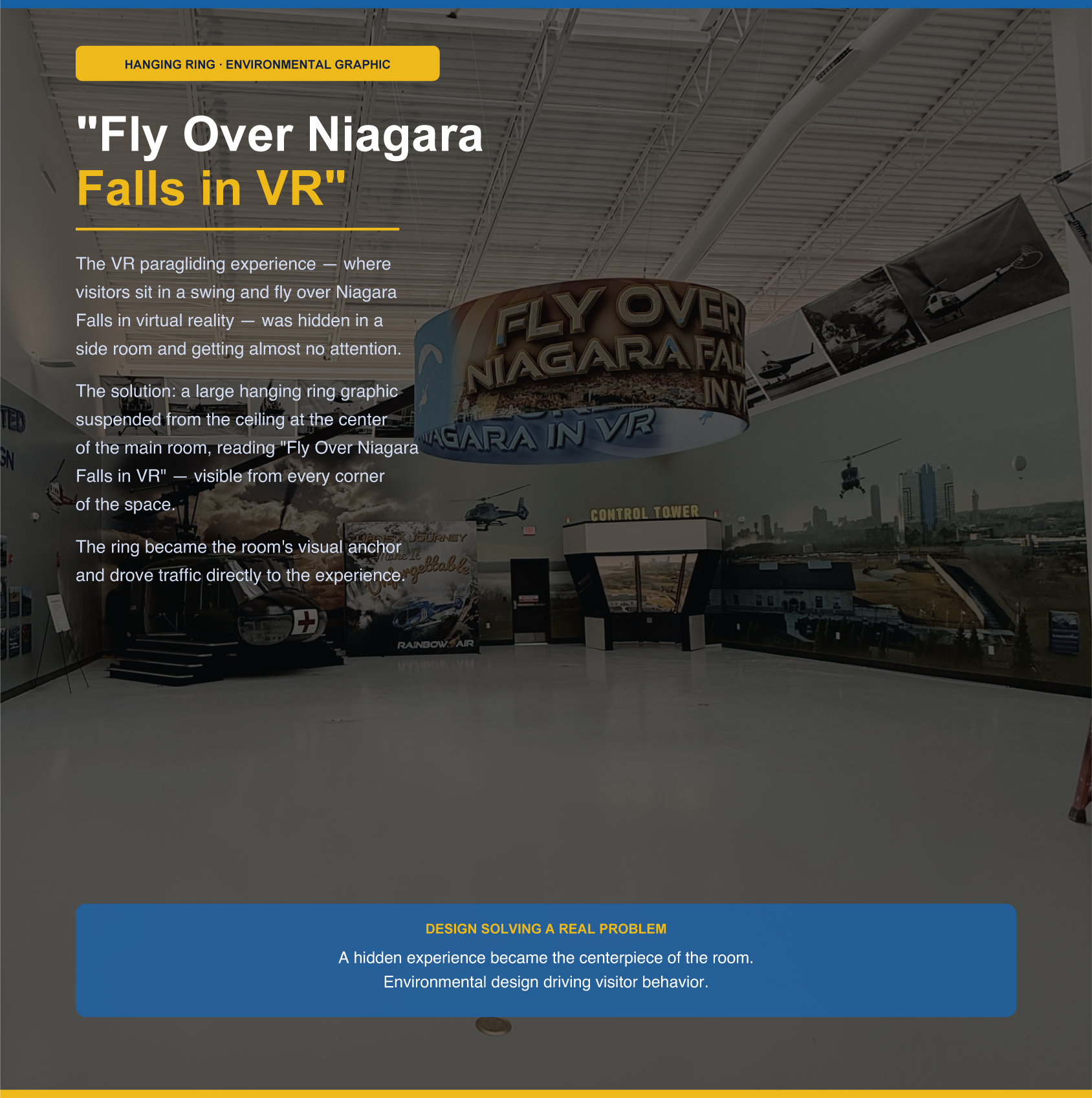 Indoor exhibit with a large hanging ring graphic reading 'Fly Over Niagara Falls in VR' and a display of helicopter models in a museum or visitor center.