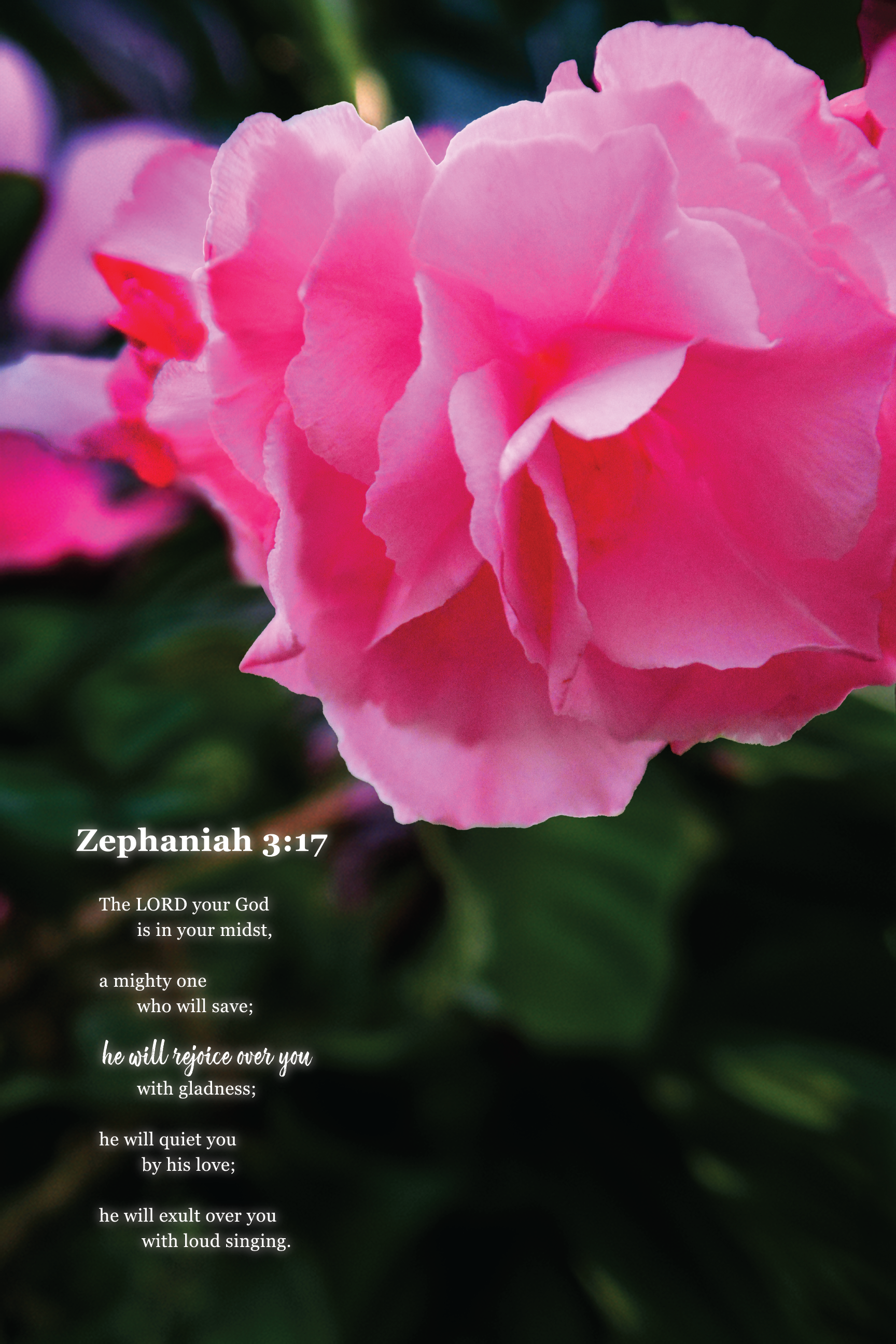 Close-up of a pink flower, likely an azalea, with text overlay quoting Zephaniah 3:17 from the Bible and describing God's joyful and loving nature.