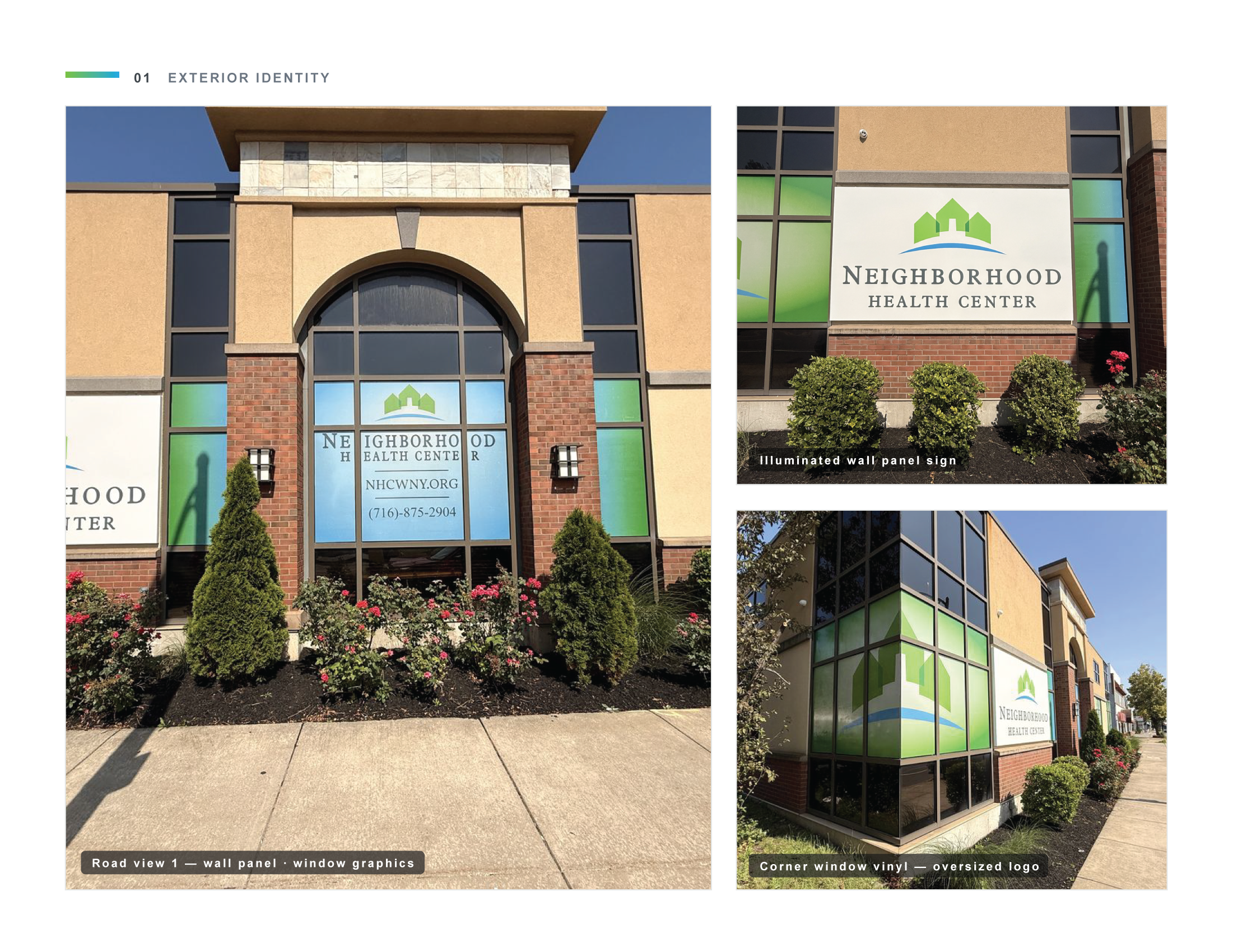Photos of a building's exterior, including a large glass window with a sign for Neighborhood Health Center, and landscaped bushes and flowers in front.