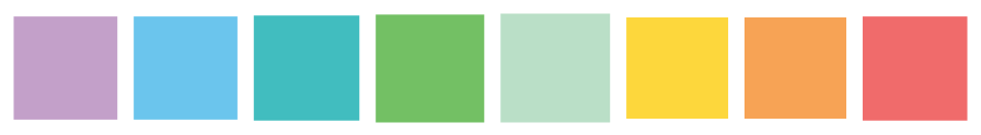A row of colorful paint swatches in purple, blue, teal, green, mint, yellow, orange, and red.