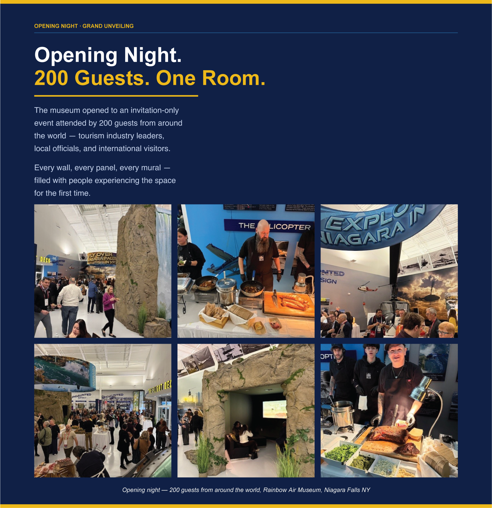 Event poster with the headline 'Opening Night. 200 Guests. One Room.' promoting an invitation-only opening event at the Rainbow Air Museum in Niagara Falls, NY. The poster includes images of the museum's interior, exhibits, guests, and food displays.