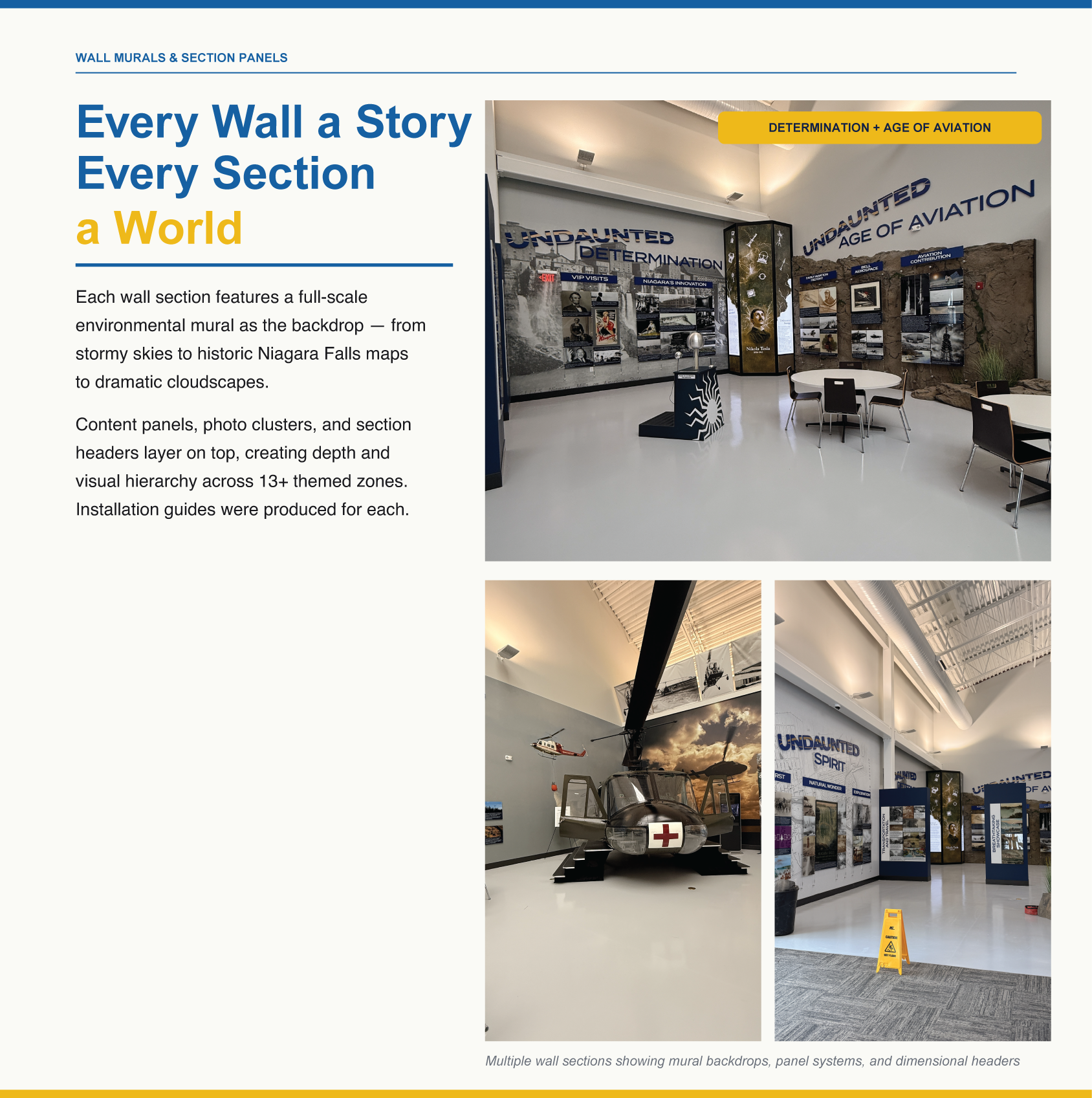 Multiple wall sections displaying murals, panel systems, and dimensional headers in an exhibition space.