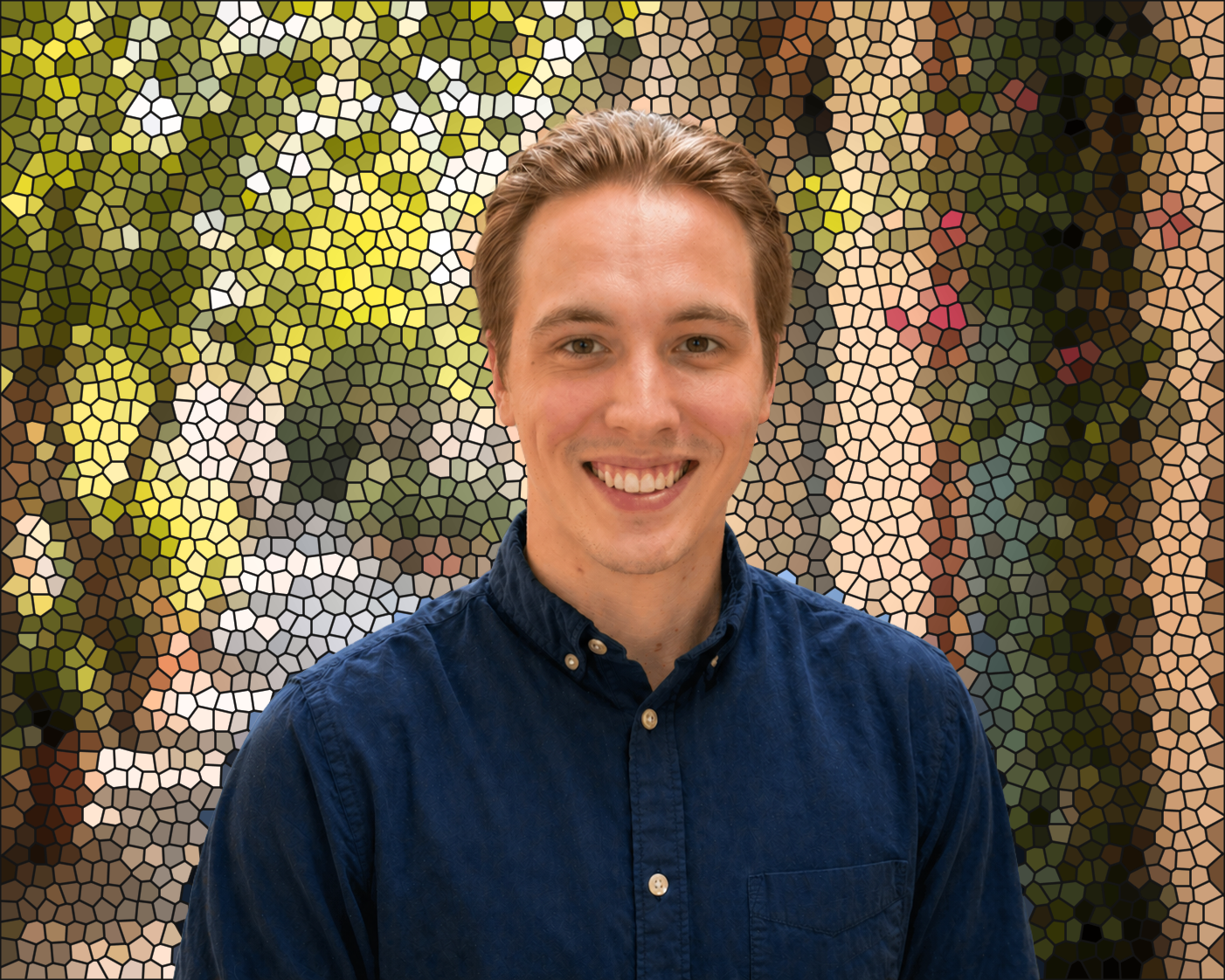 A smiling young man with brown hair wearing a navy blue button-up shirt stands in front of a mosaic background of a tree with green leaves and white flowers.